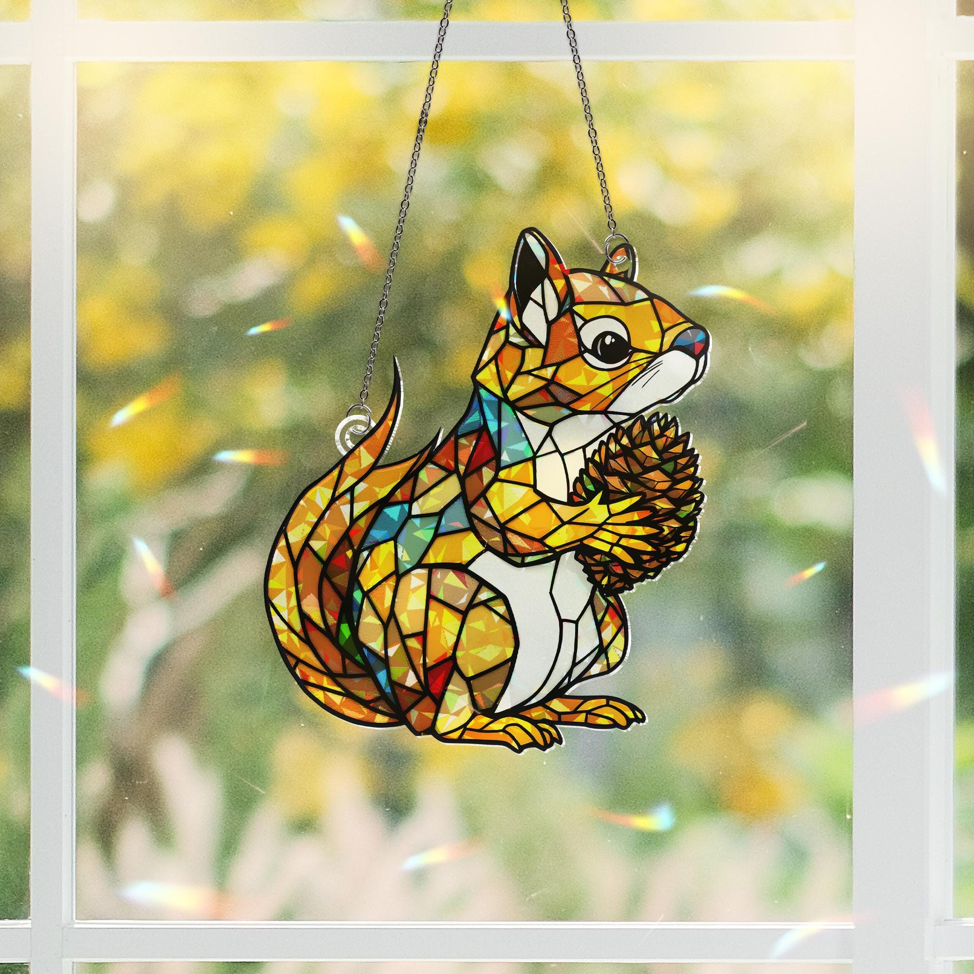 Acrylic Squirrel Window Hanging Ornament, Holographic Rainbow Maker, Woodland Animal Decor, Pine Cone Accent Gift, Nature Lover Gift