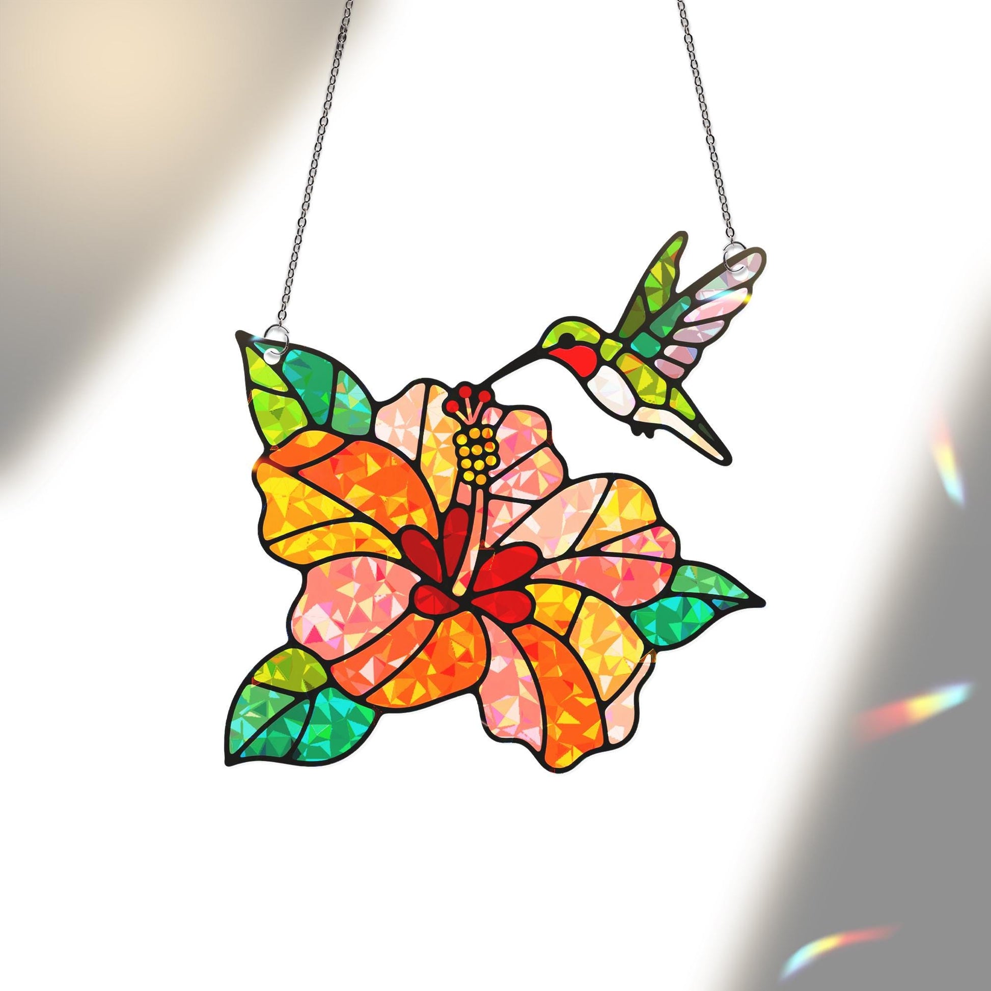 Hummingbird Acrylic Window Hanging Ornament, Hibiscus Flower Decor, Colorful Bird & Floral Home Decor Gift, Gift For Her