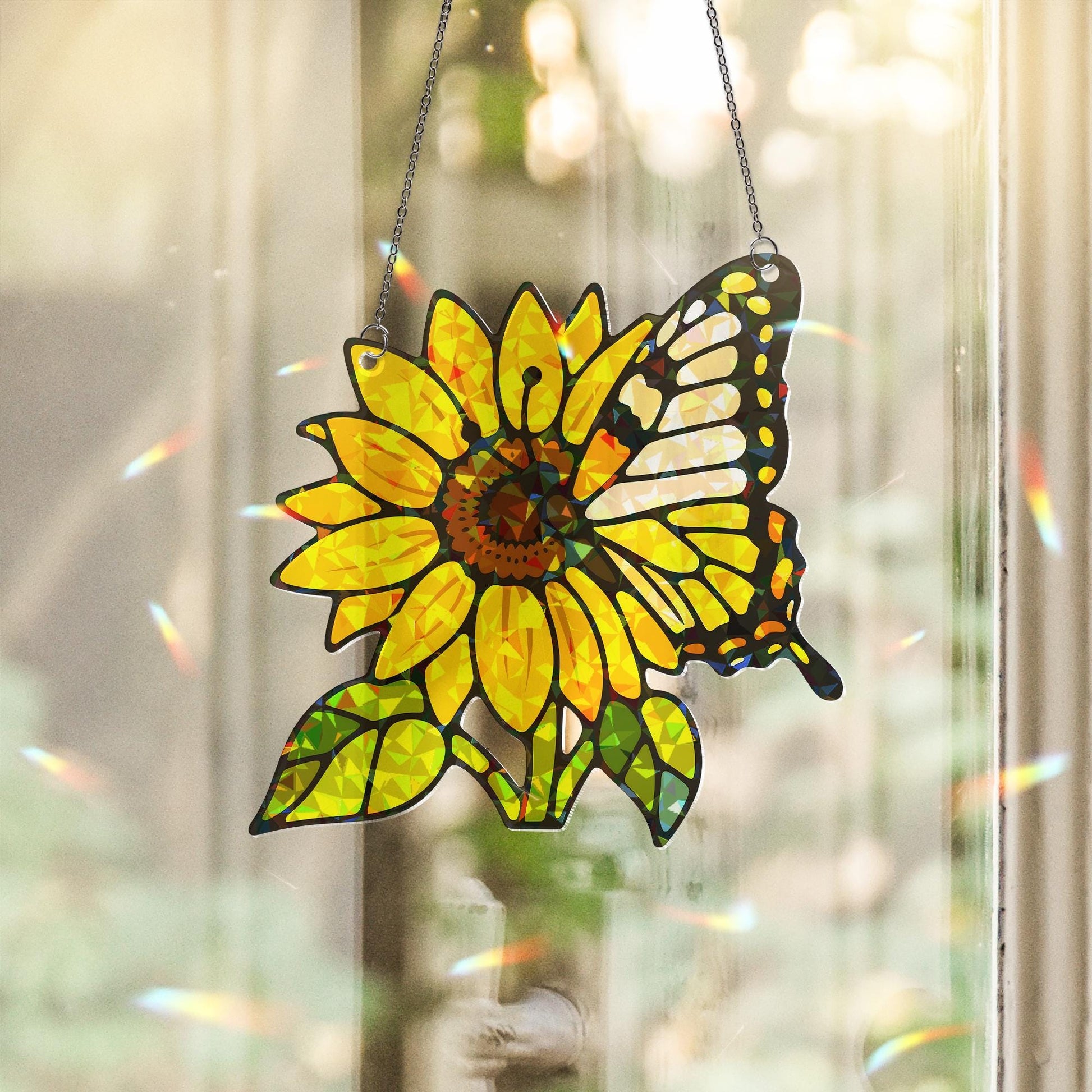 Sunflower & Monarch Butterfly Acrylic Window Hanging Ornament, Vibrant Floral Insect Decor Gift Idea, Sunflower Lover, Garden Gift