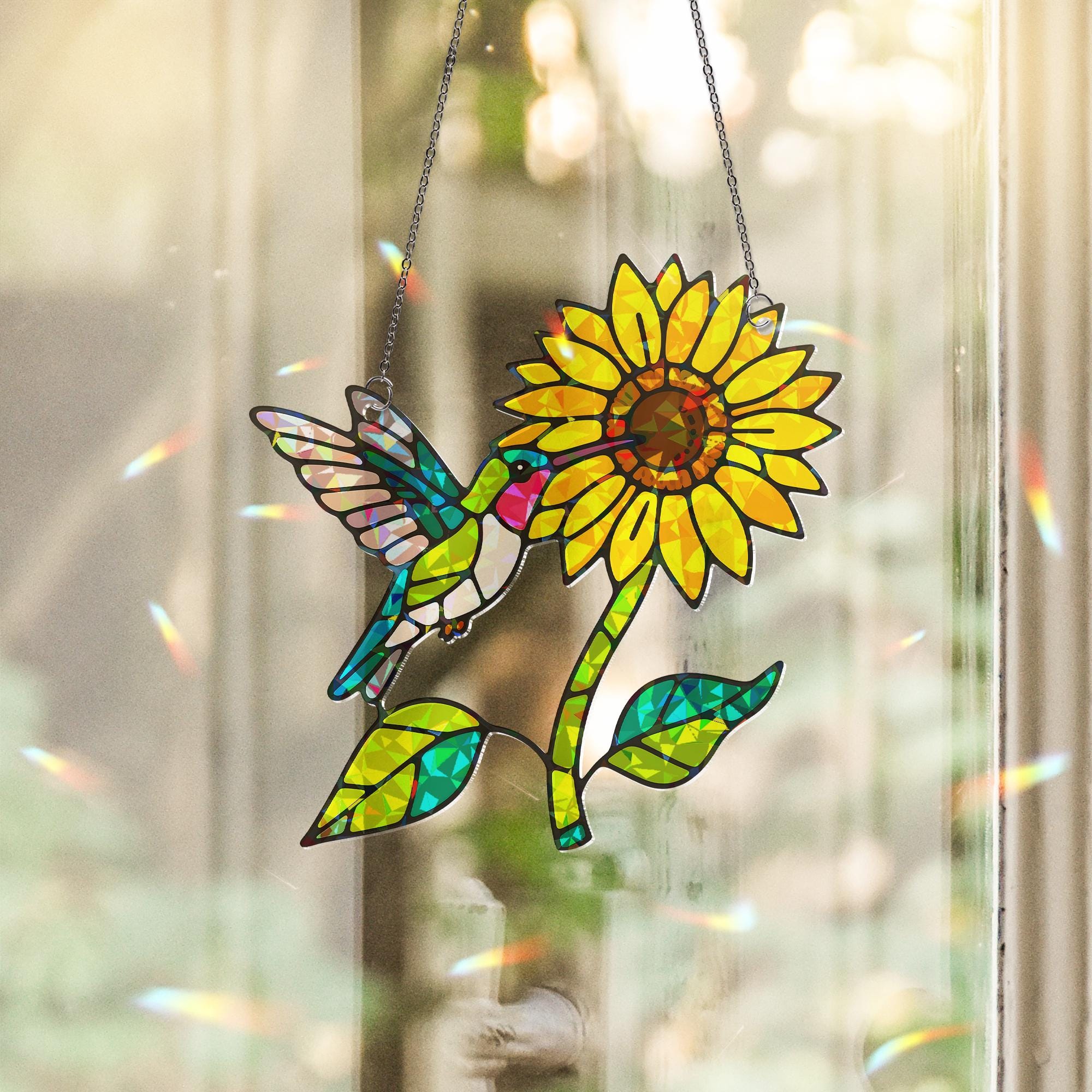 Hummingbird Sunflower Hologram Acrylic Window Hanging Ornament, Bird & Floral Art, Nature Lover Home Decor Gift, Sunflower Lover Gift