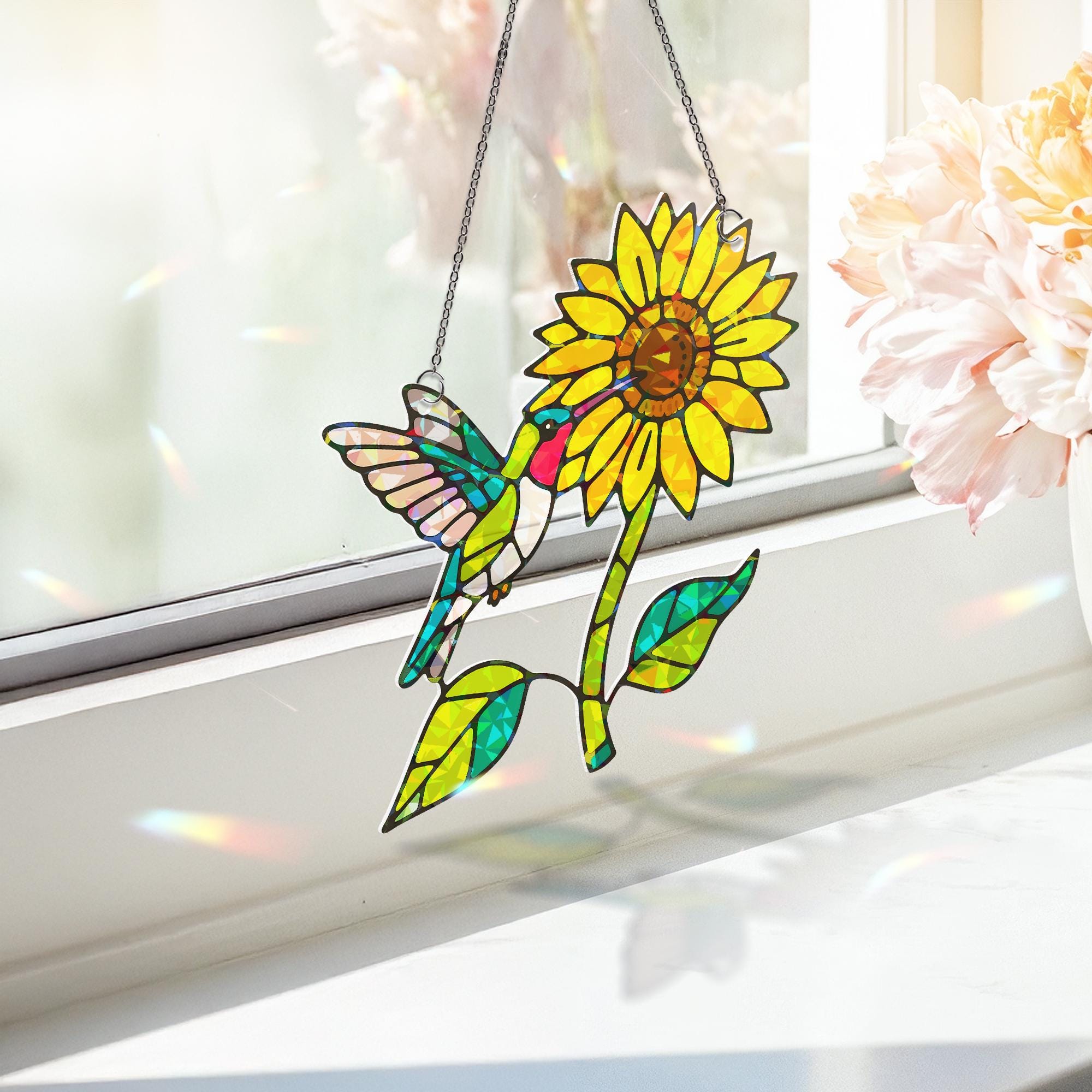 Hummingbird Sunflower Hologram Acrylic Window Hanging Ornament, Bird & Floral Art, Nature Lover Home Decor Gift, Sunflower Lover Gift