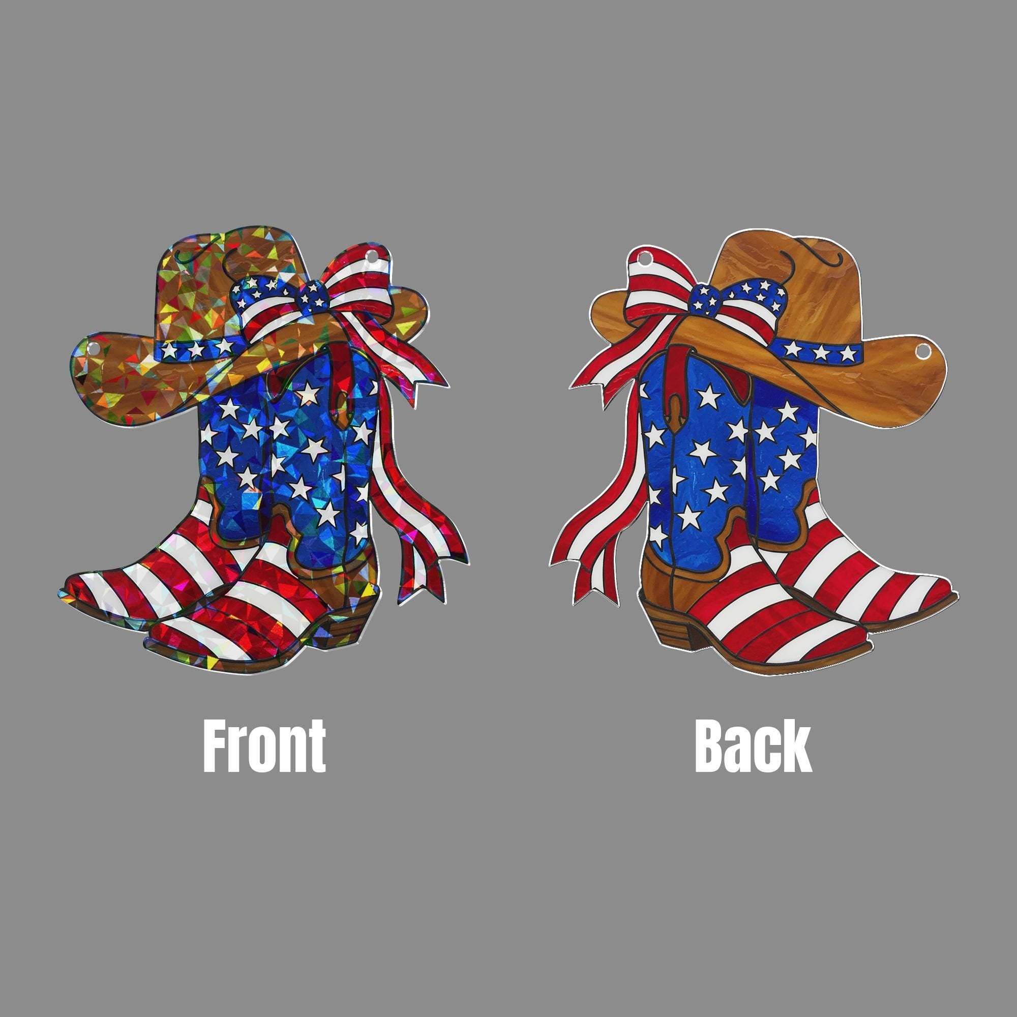 Patriotic Cowboy Boots and Hat Acrylic Window Hanging – 4th of July Western Decor, American Flag Suncatcher for Country Home