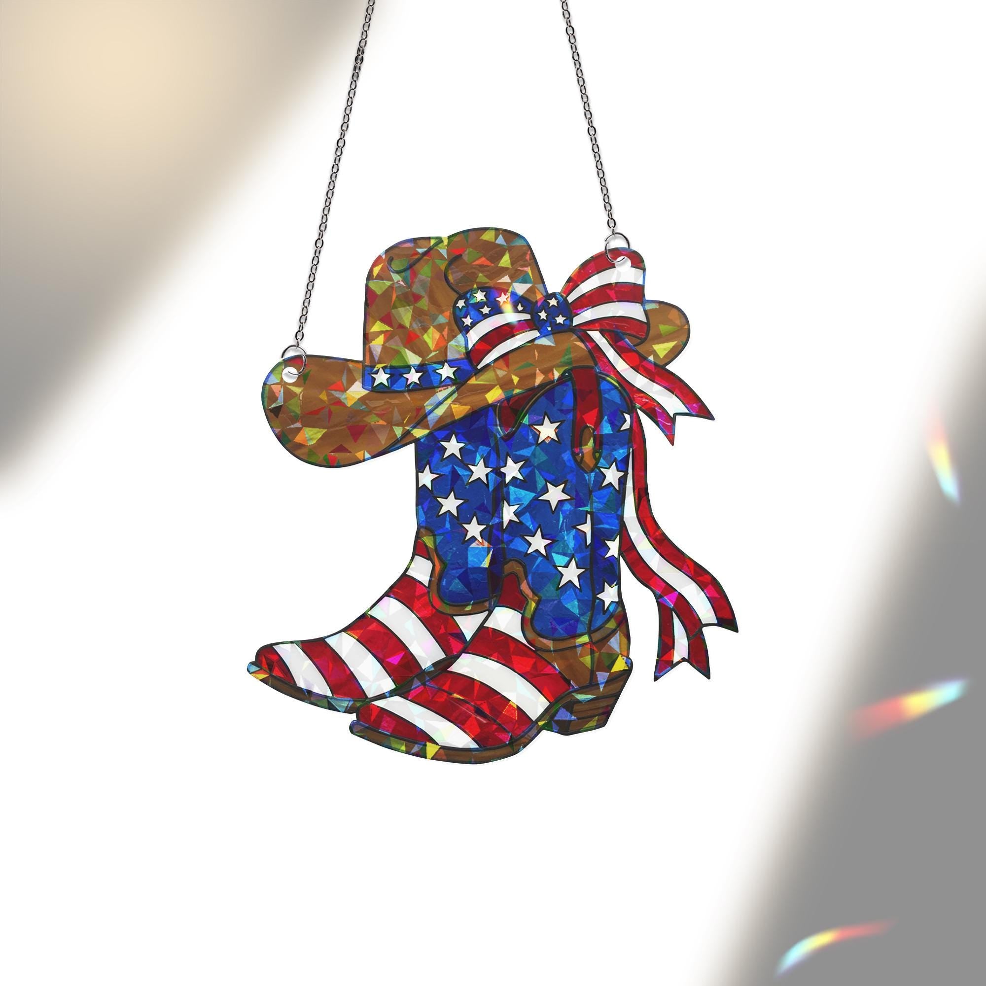 Patriotic Cowboy Boots and Hat Acrylic Window Hanging – 4th of July Western Decor, American Flag Suncatcher for Country Home
