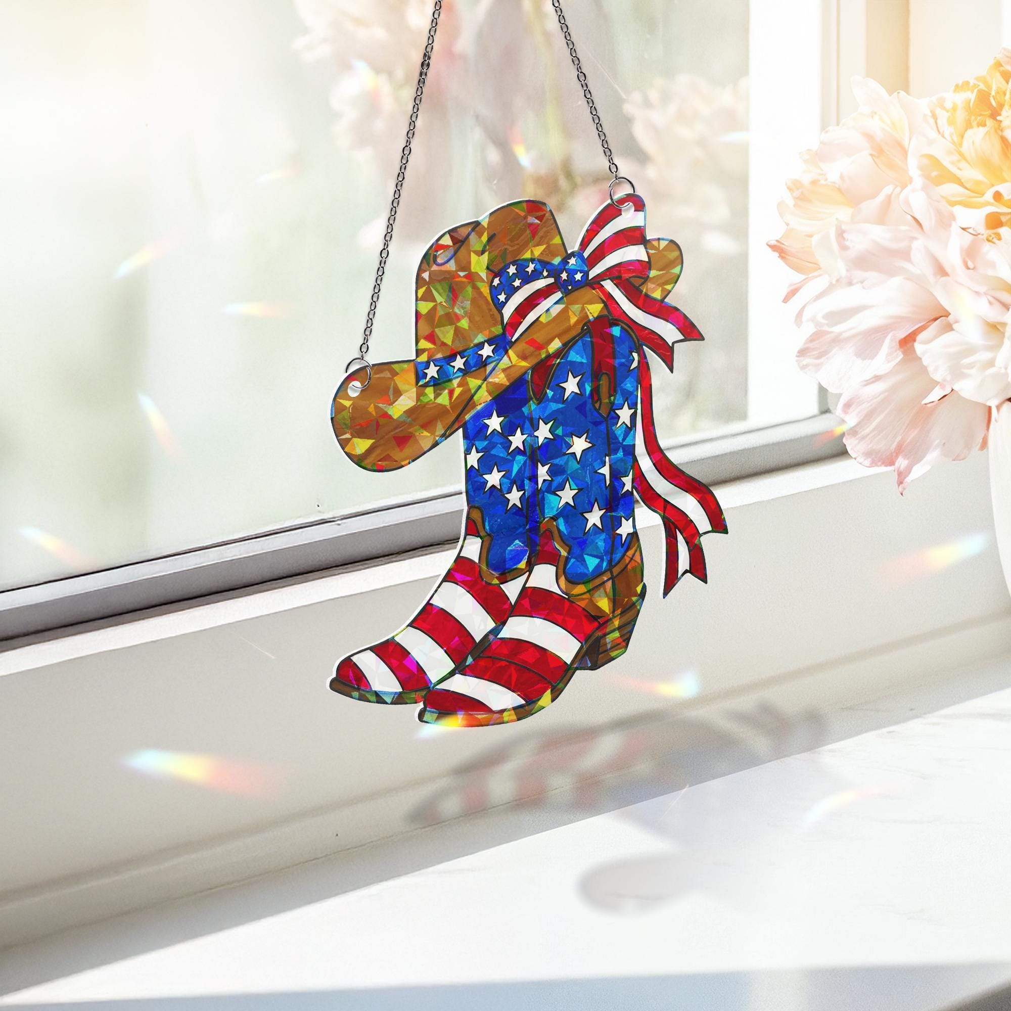 Patriotic Cowboy Boots and Hat Acrylic Window Hanging – 4th of July Western Decor, American Flag Suncatcher for Country Home