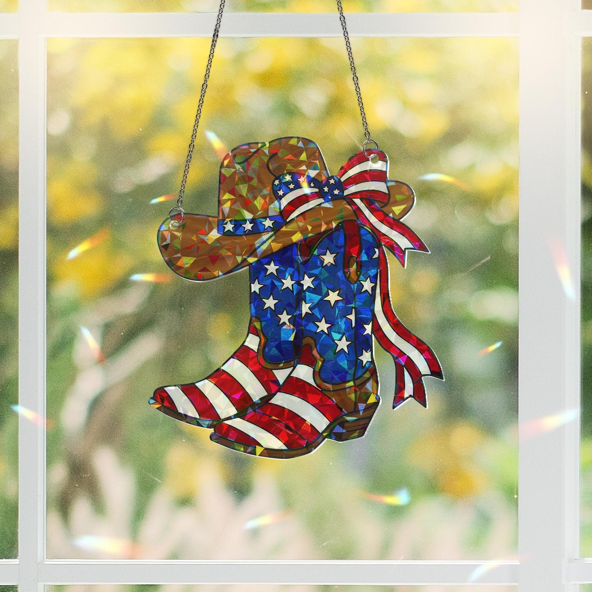 Patriotic Cowboy Boots and Hat Acrylic Window Hanging – 4th of July Western Decor, American Flag Suncatcher for Country Home