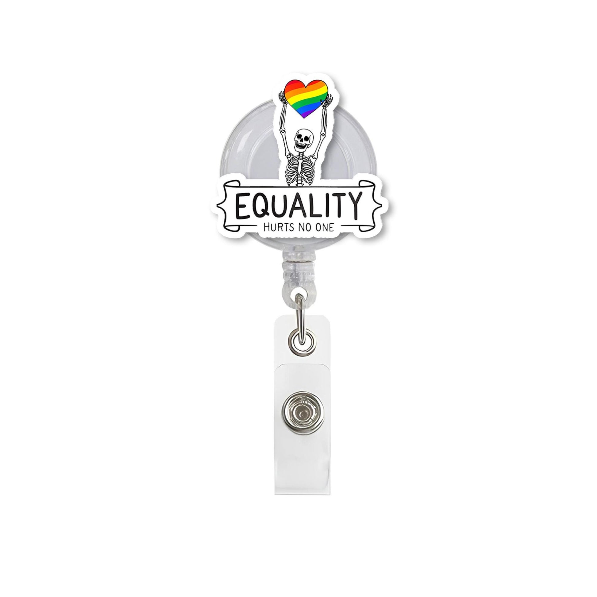 Equality Hurts No One Badge Reel – LGBTQ+ Pride Skeleton ID Holder, Colorful Rainbow Heart Clip for Nurses, Teachers, and Allies