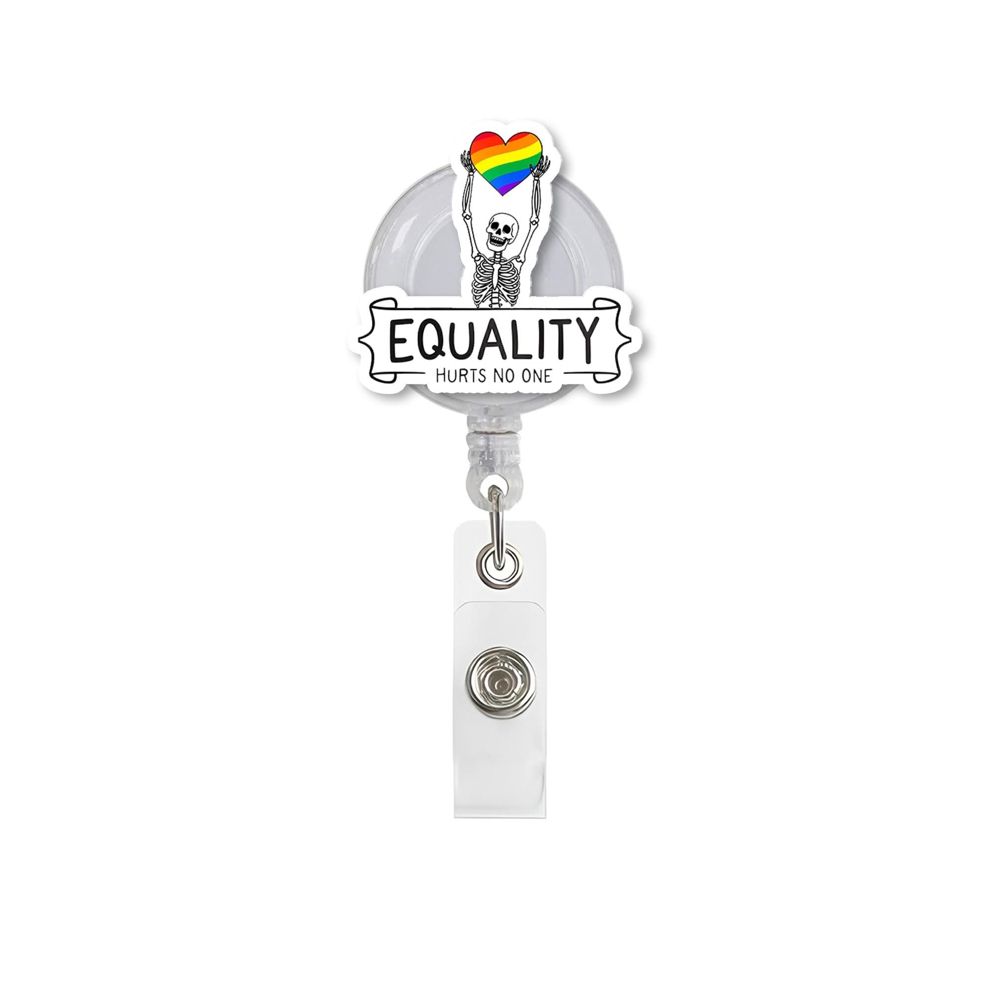 Equality Hurts No One Badge Reel – LGBTQ+ Pride Skeleton ID Holder, Colorful Rainbow Heart Clip for Nurses, Teachers, and Allies