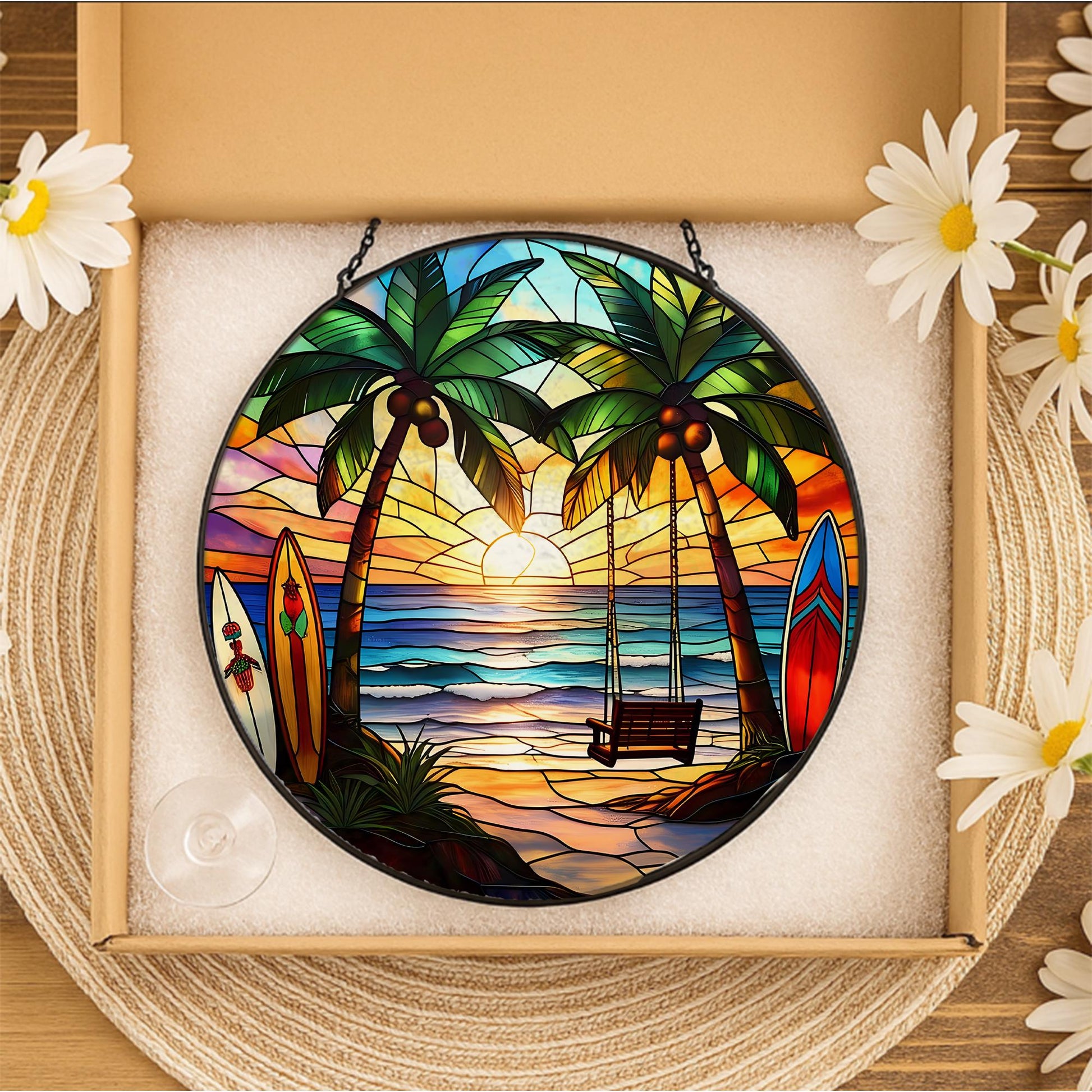 Tropical Sunset Glass Suncatcher with Palm Trees and Surfboards – Vibrant Summer Beach Decor for Window or Sunroom