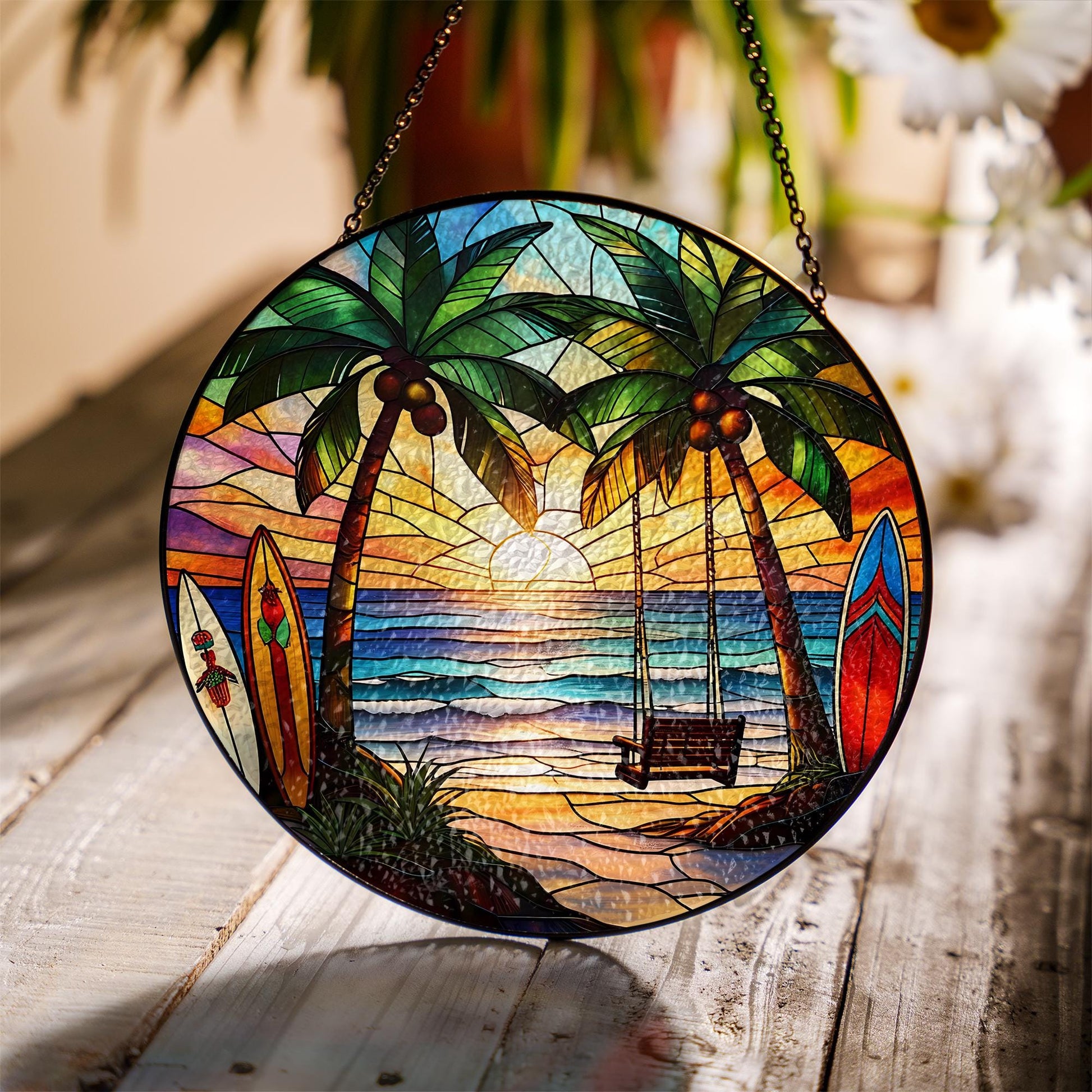Tropical Sunset Glass Suncatcher with Palm Trees and Surfboards – Vibrant Summer Beach Decor for Window or Sunroom