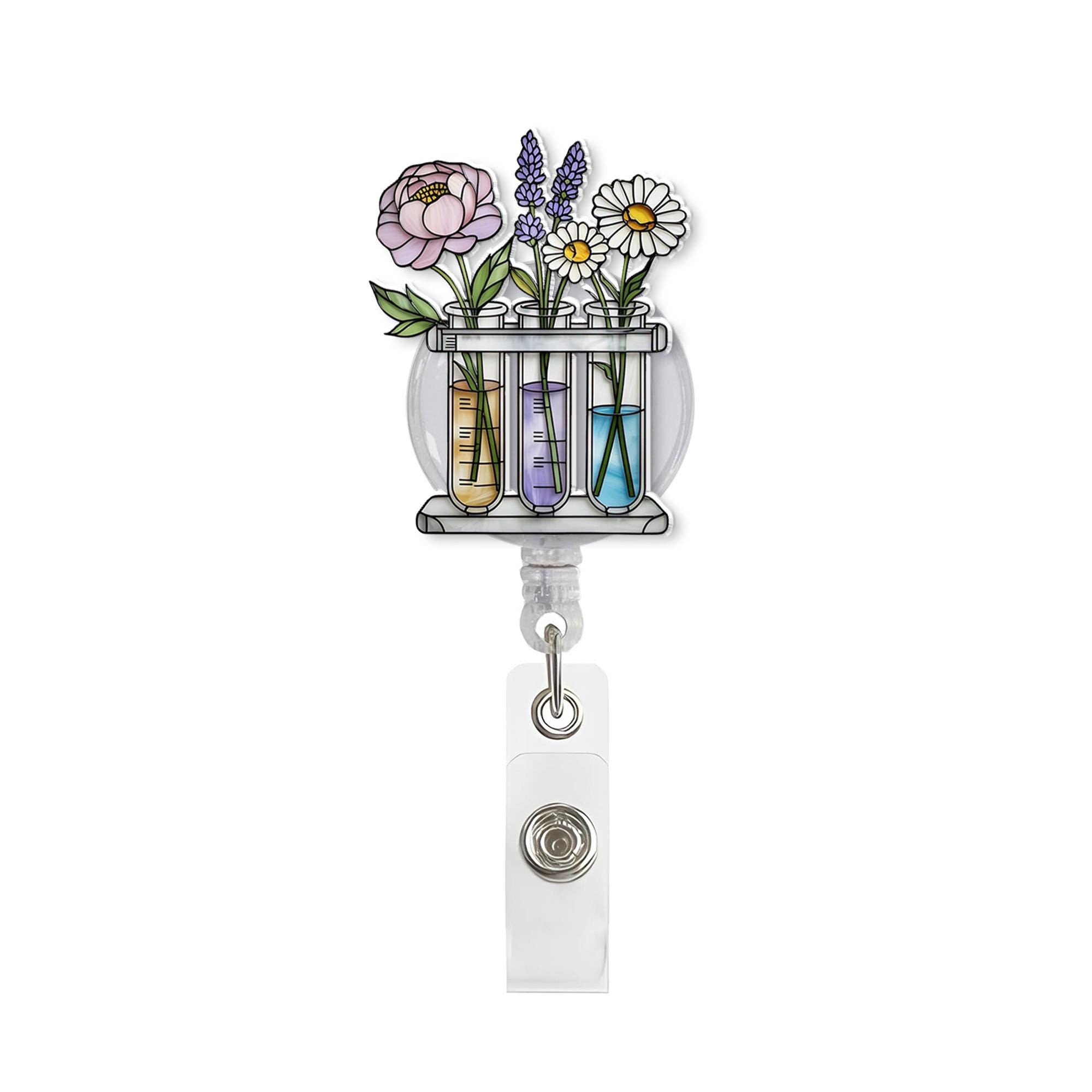 Floral Test Tube Badge Reel – Cute Science Lab Retractable ID Holder for Nurses, Teachers, Botanists, Lab Techs & Plant Lovers