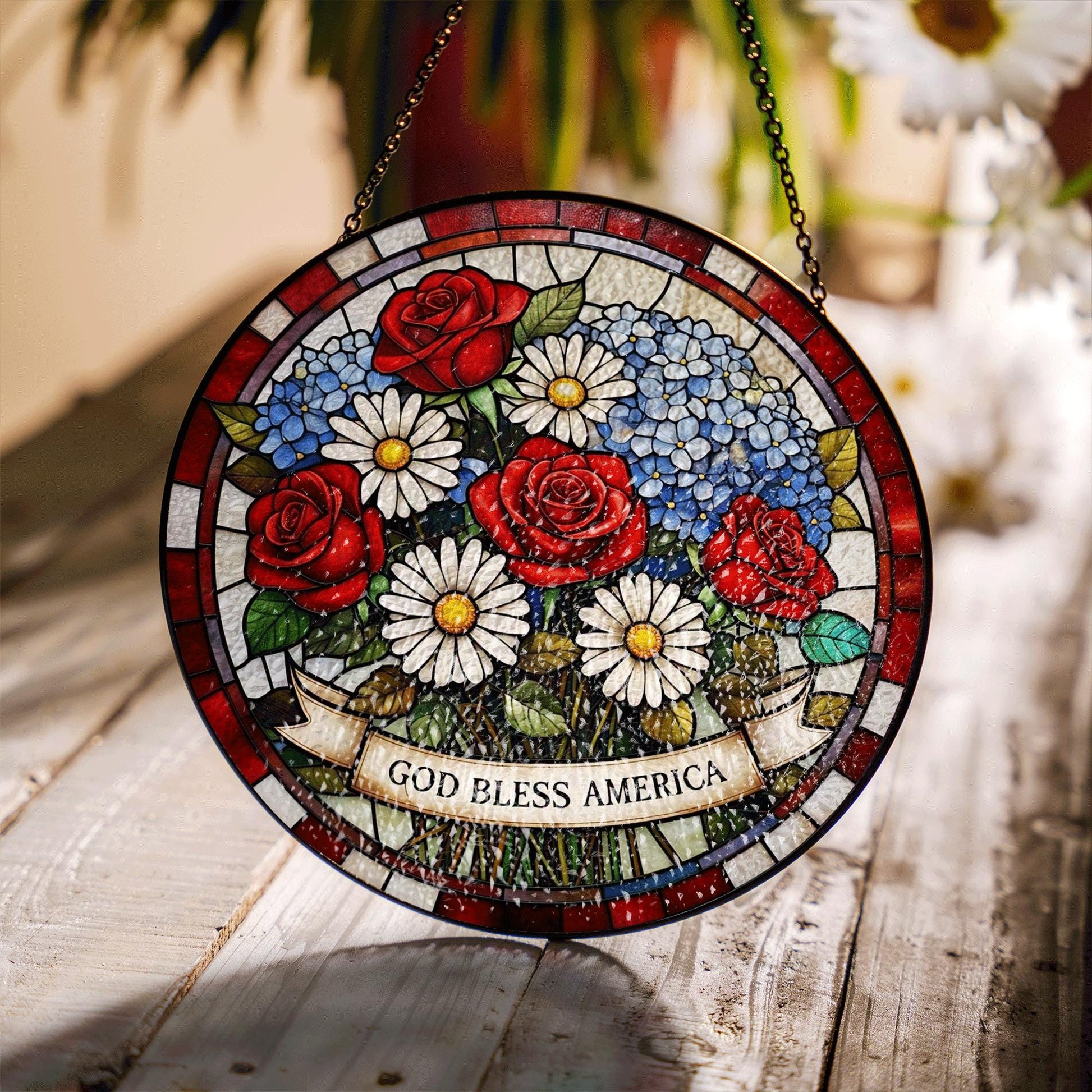 Patriotic Flower Glass Suncatcher – God Bless America Red White Blue Floral Window Decor for 4th of July, Memorial Day, Independence Day