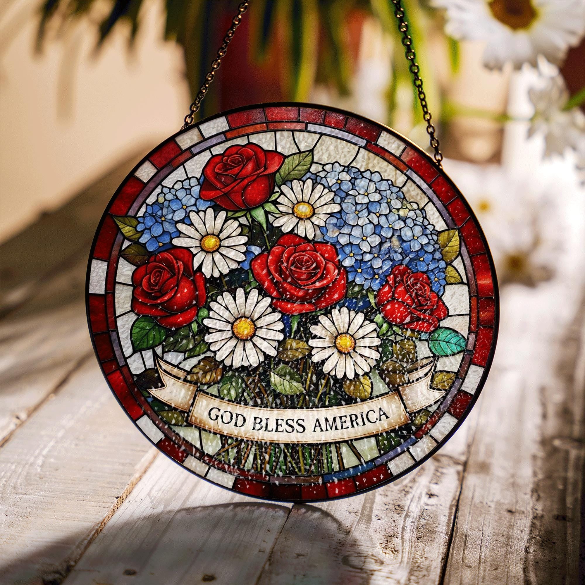 Patriotic Flower Glass Suncatcher – God Bless America Red White Blue Floral Window Decor for 4th of July, Memorial Day, Independence Day