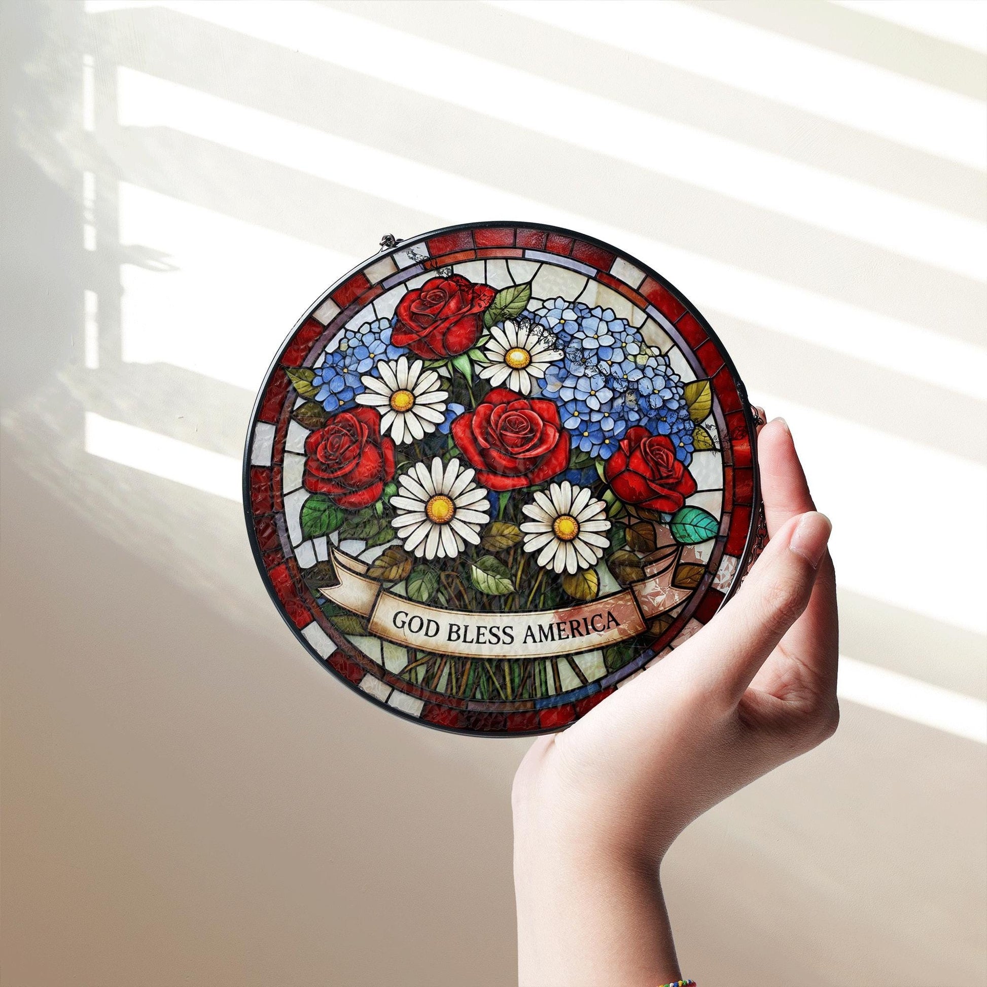 Patriotic Flower Glass Suncatcher – God Bless America Red White Blue Floral Window Decor for 4th of July, Memorial Day, Independence Day