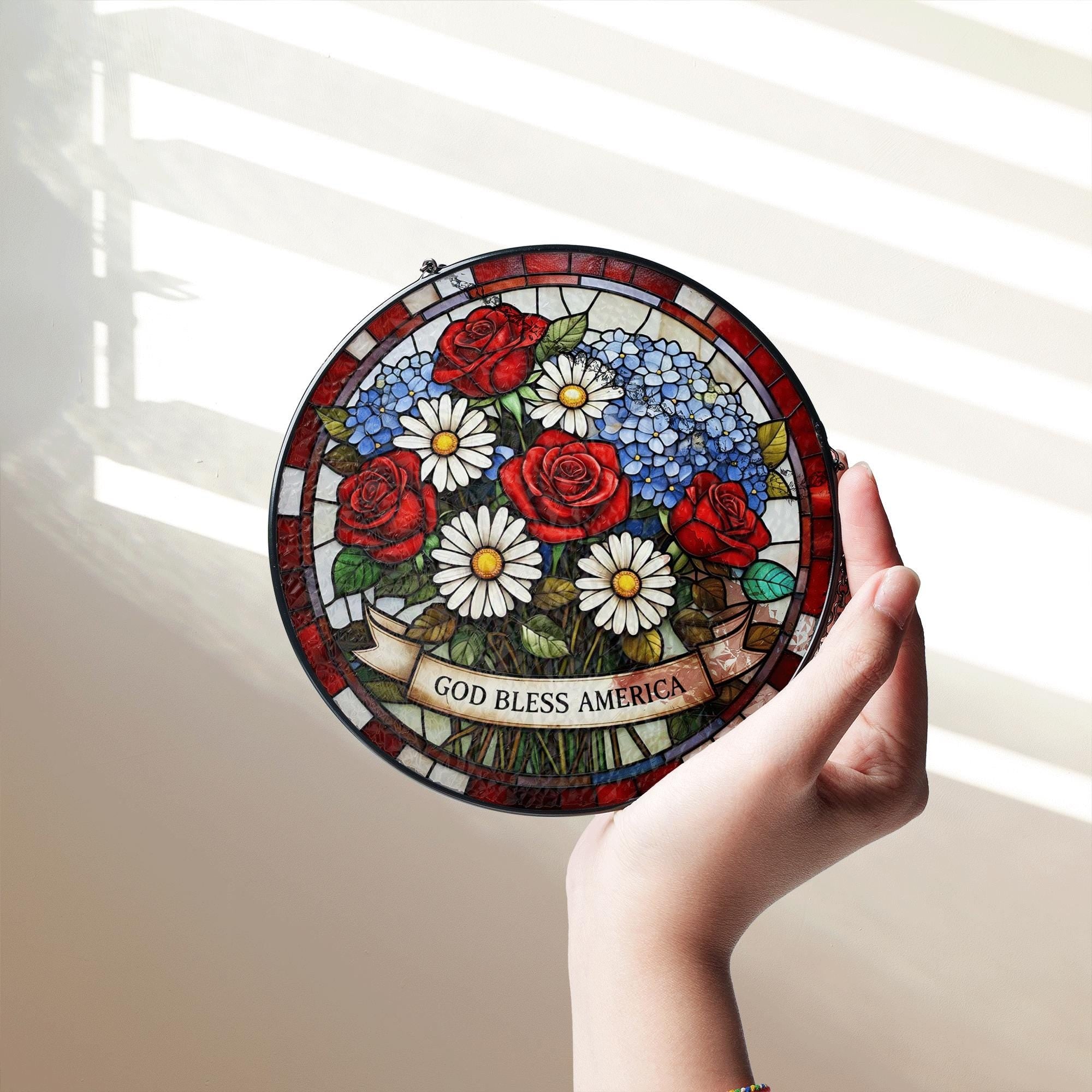 Patriotic Flower Glass Suncatcher – God Bless America Red White Blue Floral Window Decor for 4th of July, Memorial Day, Independence Day