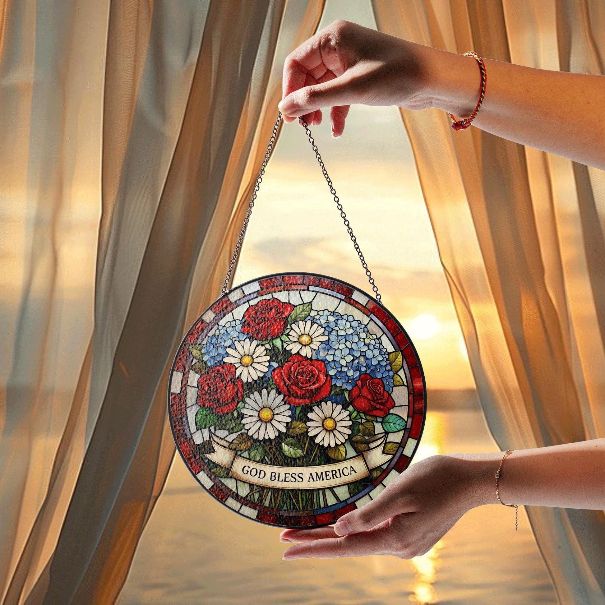Patriotic Flower Glass Suncatcher – God Bless America Red White Blue Floral Window Decor for 4th of July, Memorial Day, Independence Day