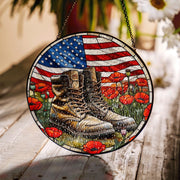 Military Boots Patriotic Glass Suncatcher – American Flag & Poppies Memorial Window Decor for 4th of July, Veterans Day Tribute