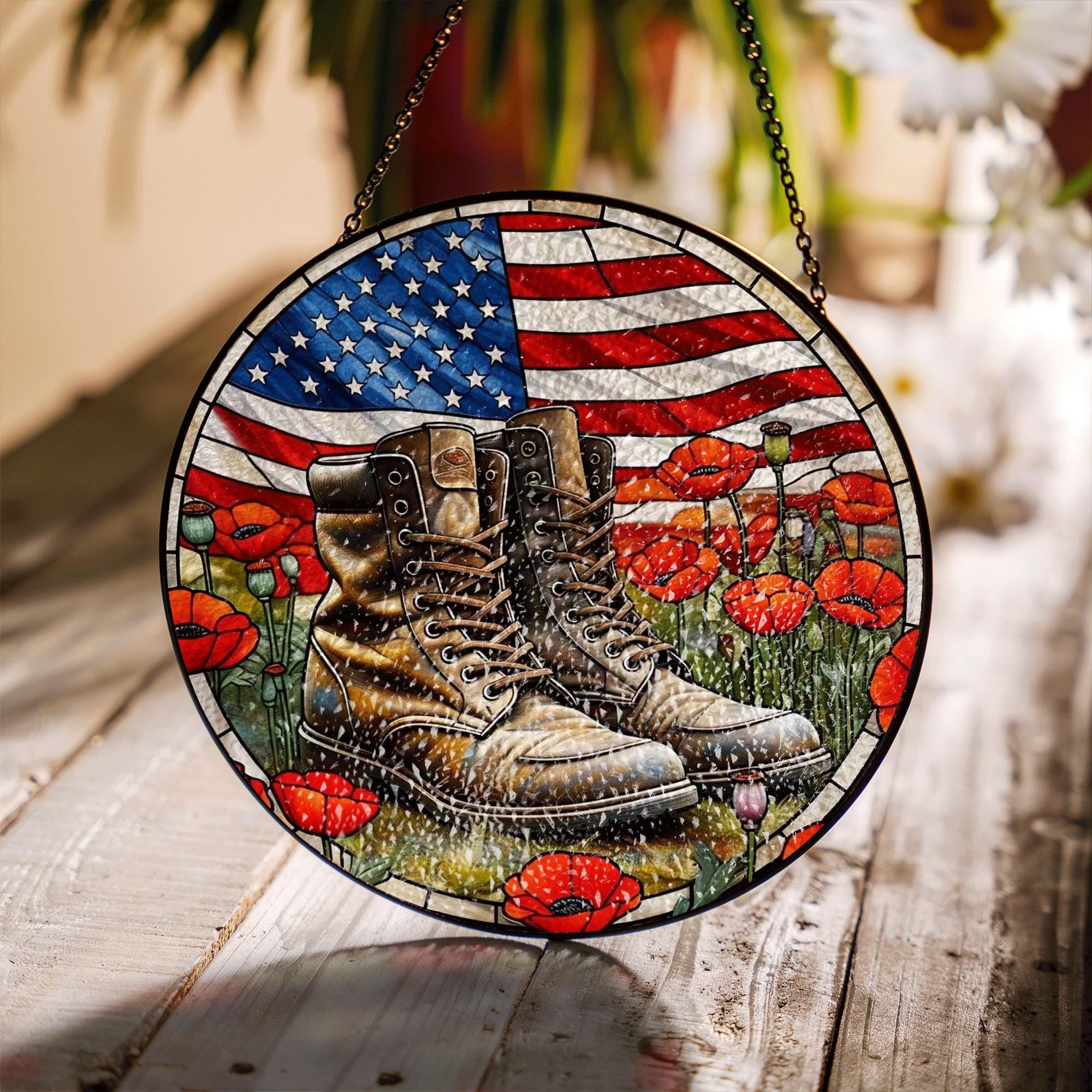 Military Boots Patriotic Glass Suncatcher – American Flag & Poppies Memorial Window Decor for 4th of July, Veterans Day Tribute