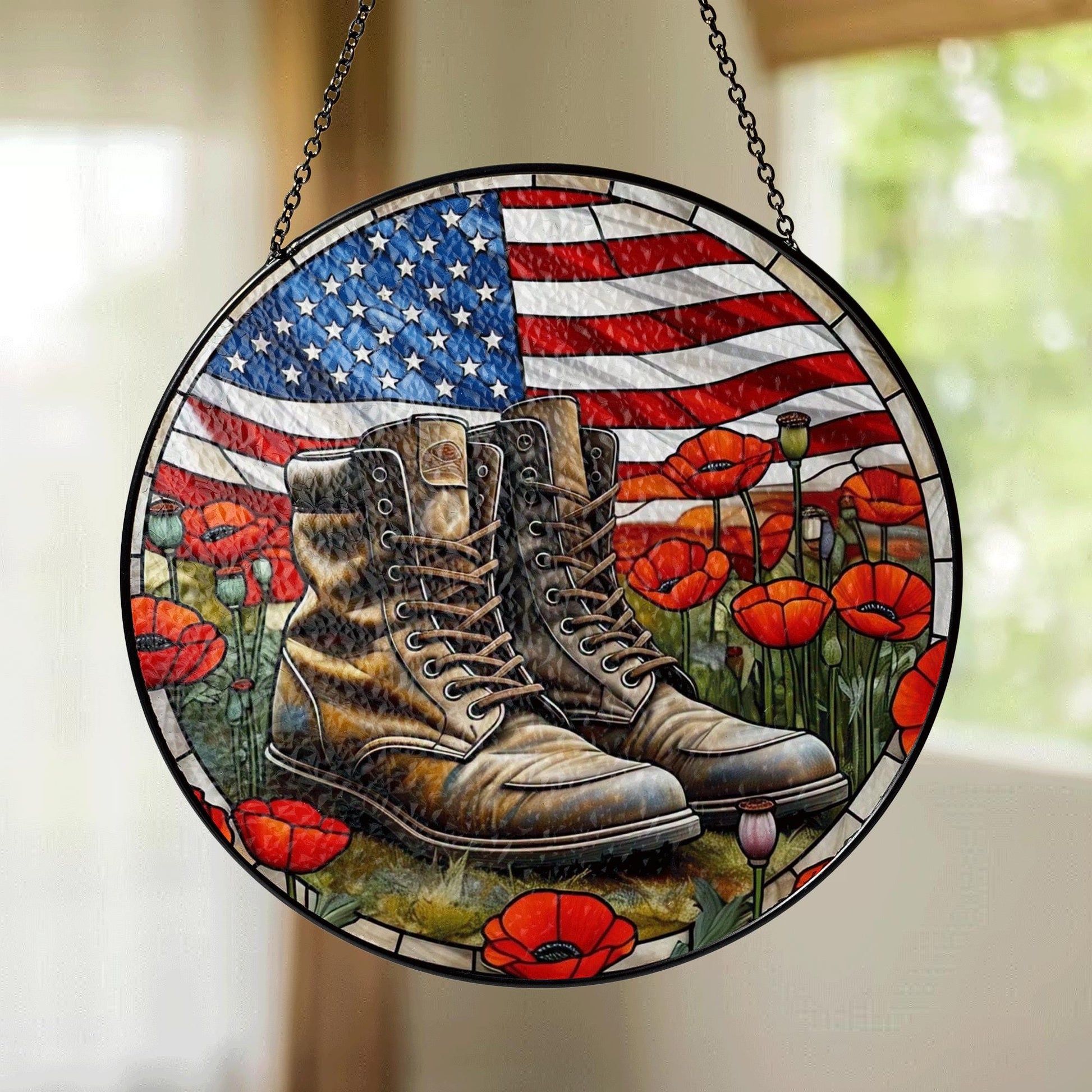 Military Boots Patriotic Glass Suncatcher – American Flag & Poppies Memorial Window Decor for 4th of July, Veterans Day Tribute