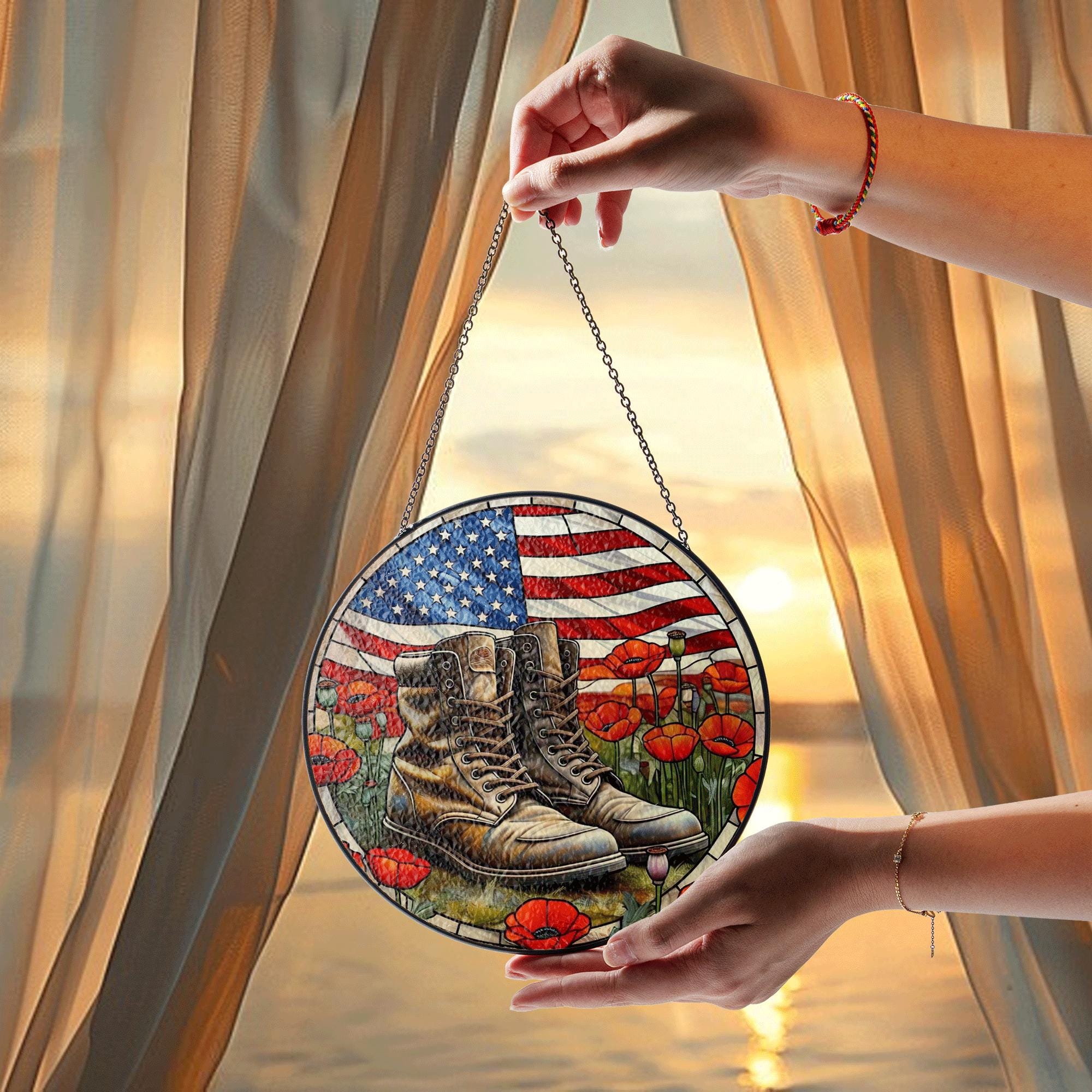 Military Boots Patriotic Glass Suncatcher – American Flag & Poppies Memorial Window Decor for 4th of July, Veterans Day Tribute