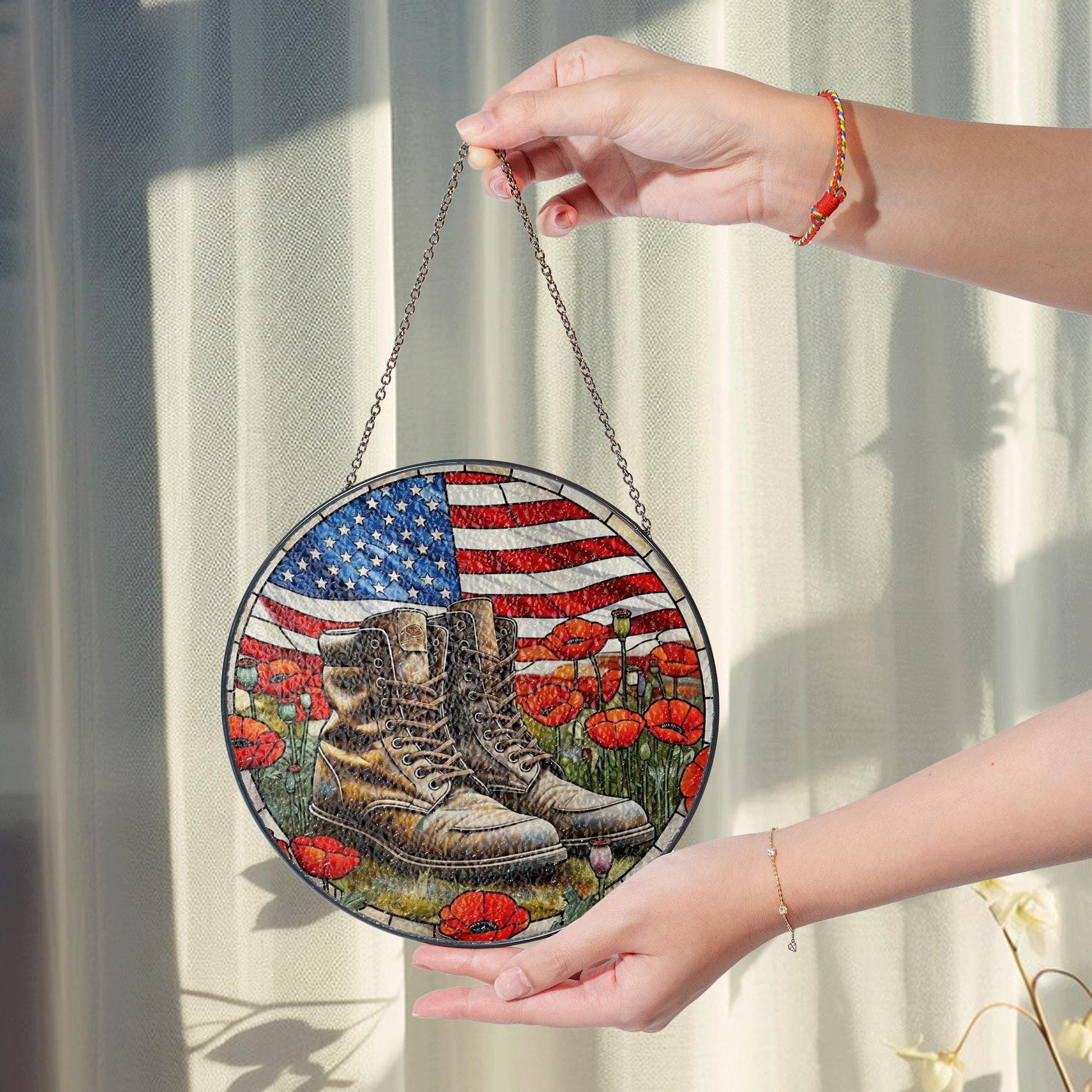 Military Boots Patriotic Glass Suncatcher – American Flag & Poppies Memorial Window Decor for 4th of July, Veterans Day Tribute