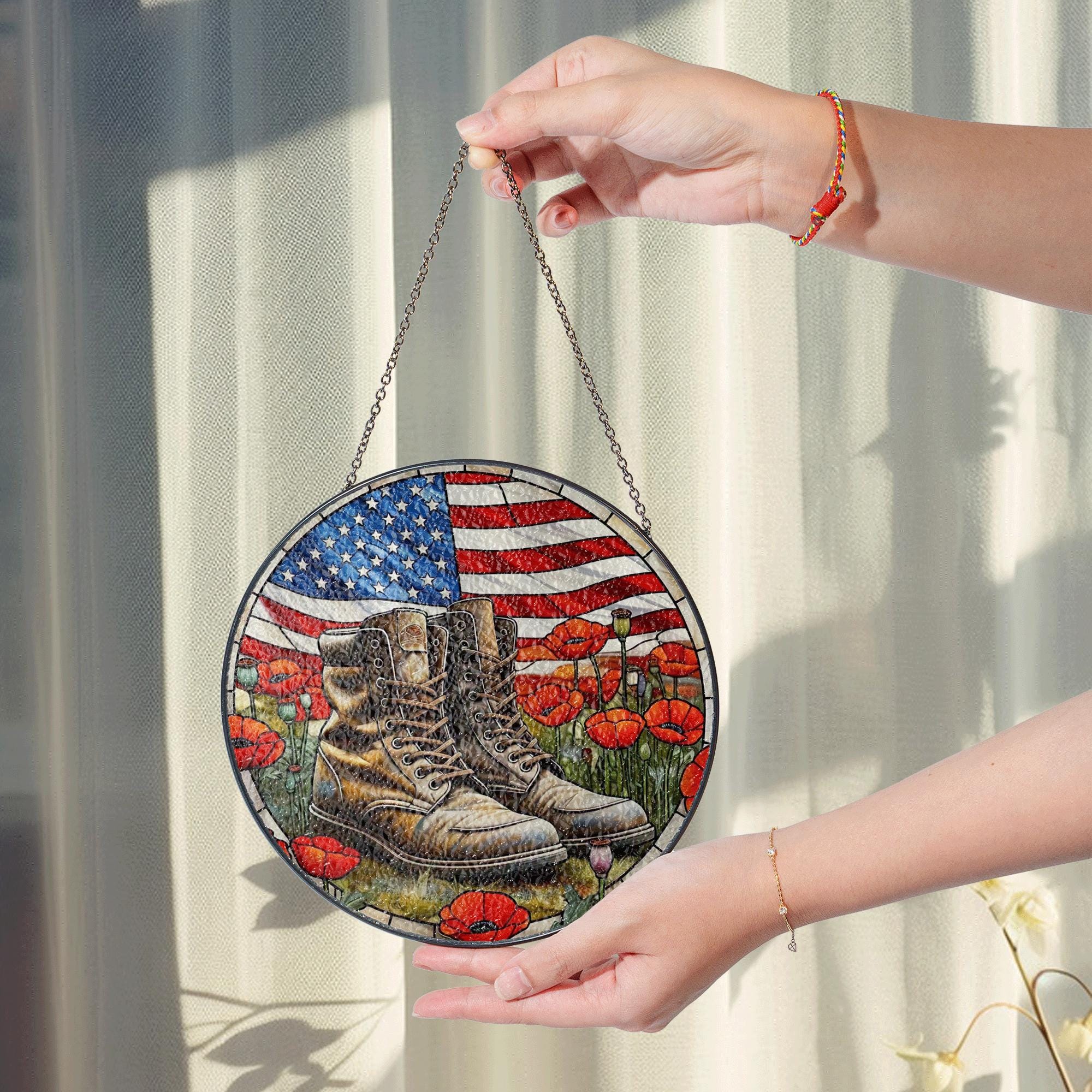 Military Boots Patriotic Glass Suncatcher – American Flag & Poppies Memorial Window Decor for 4th of July, Veterans Day Tribute