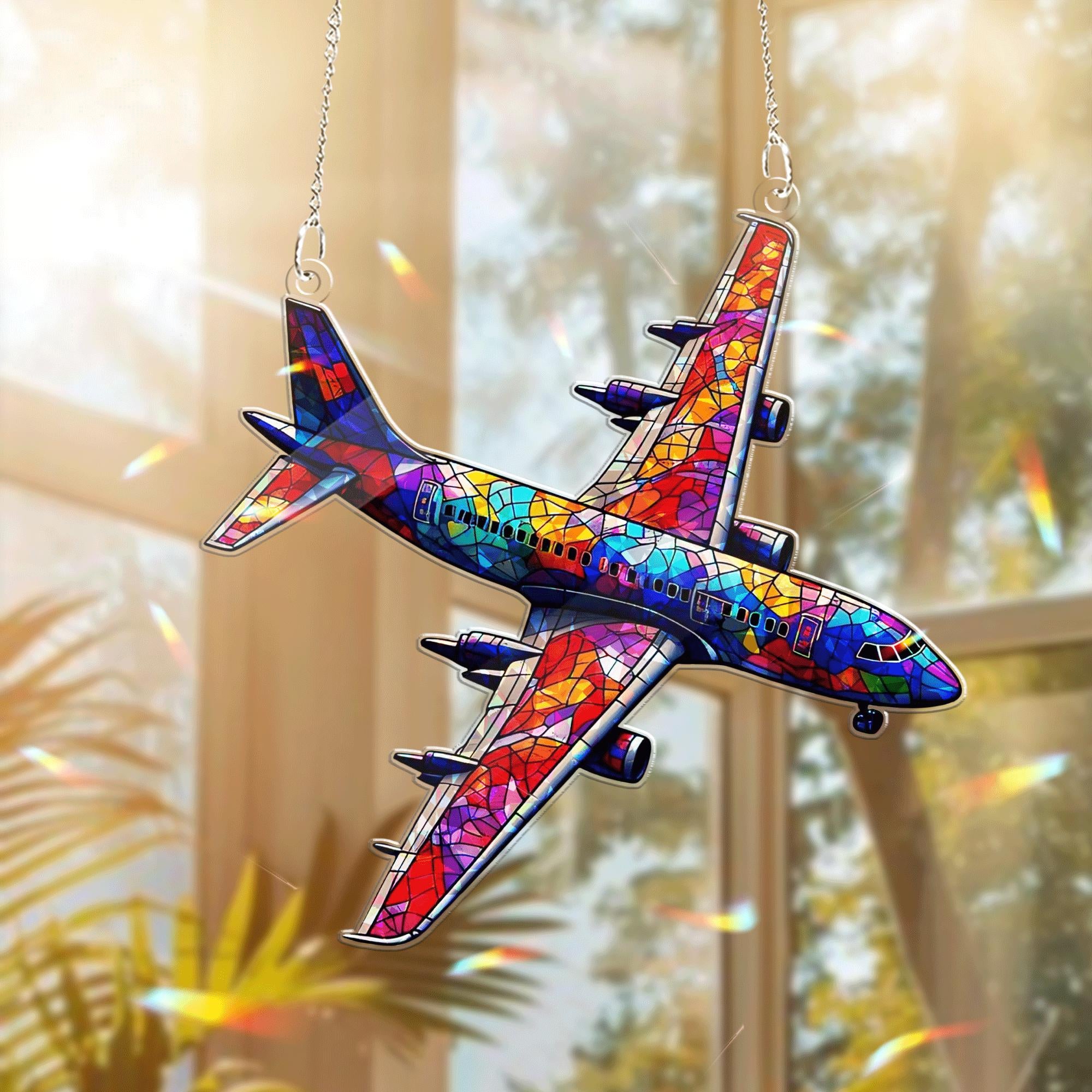 Colorful Airplane Acrylic Window Hanging – Stained Glass Style Aviation Decor, Pilot Gift, Travel Lover Home Decoration