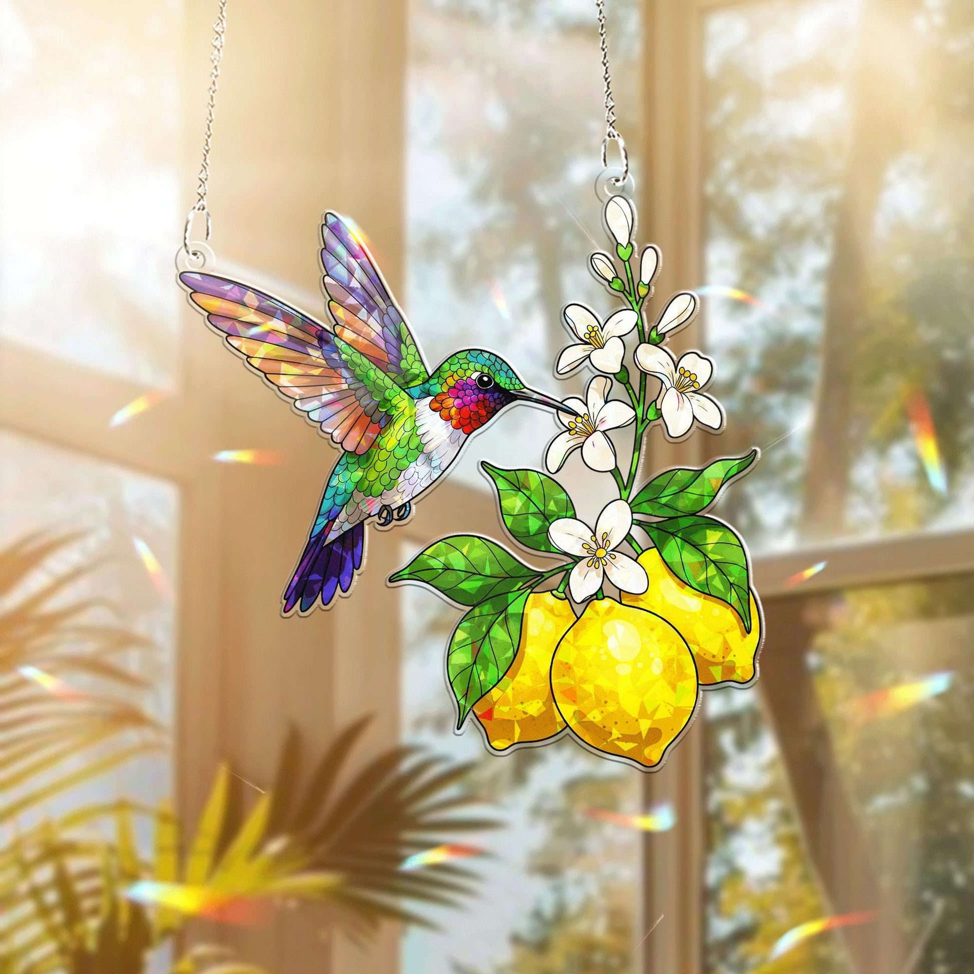 Hummingbird and Lemon Acrylic Window Hanging – Vibrant Summer Suncatcher, Stained Glass Style Garden Decor, Nature Lover Gift