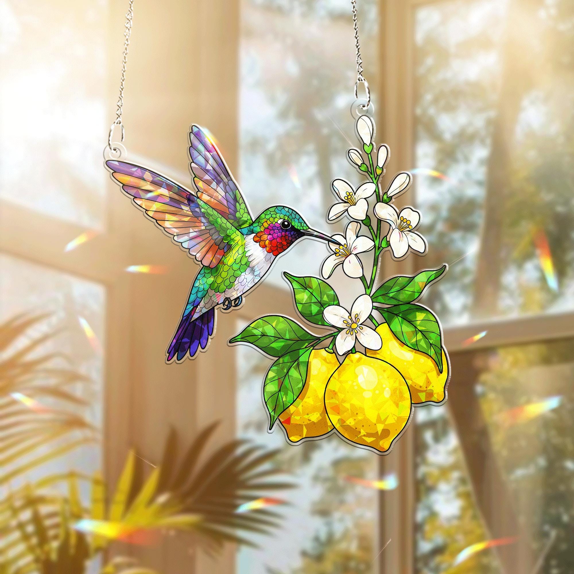 Hummingbird and Lemon Acrylic Window Hanging – Vibrant Summer Suncatcher, Stained Glass Style Garden Decor, Nature Lover Gift