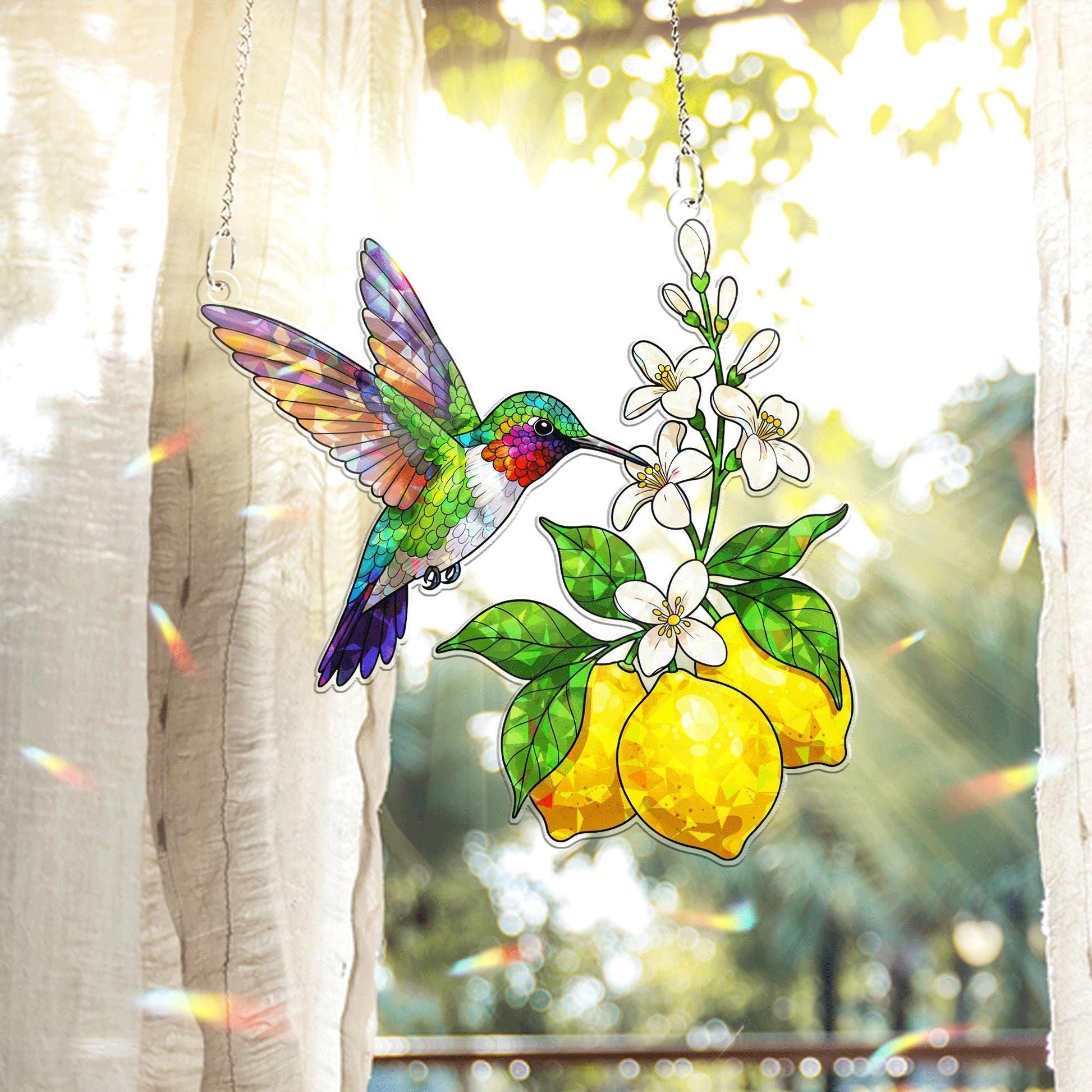 Hummingbird and Lemon Acrylic Window Hanging – Vibrant Summer Suncatcher, Stained Glass Style Garden Decor, Nature Lover Gift