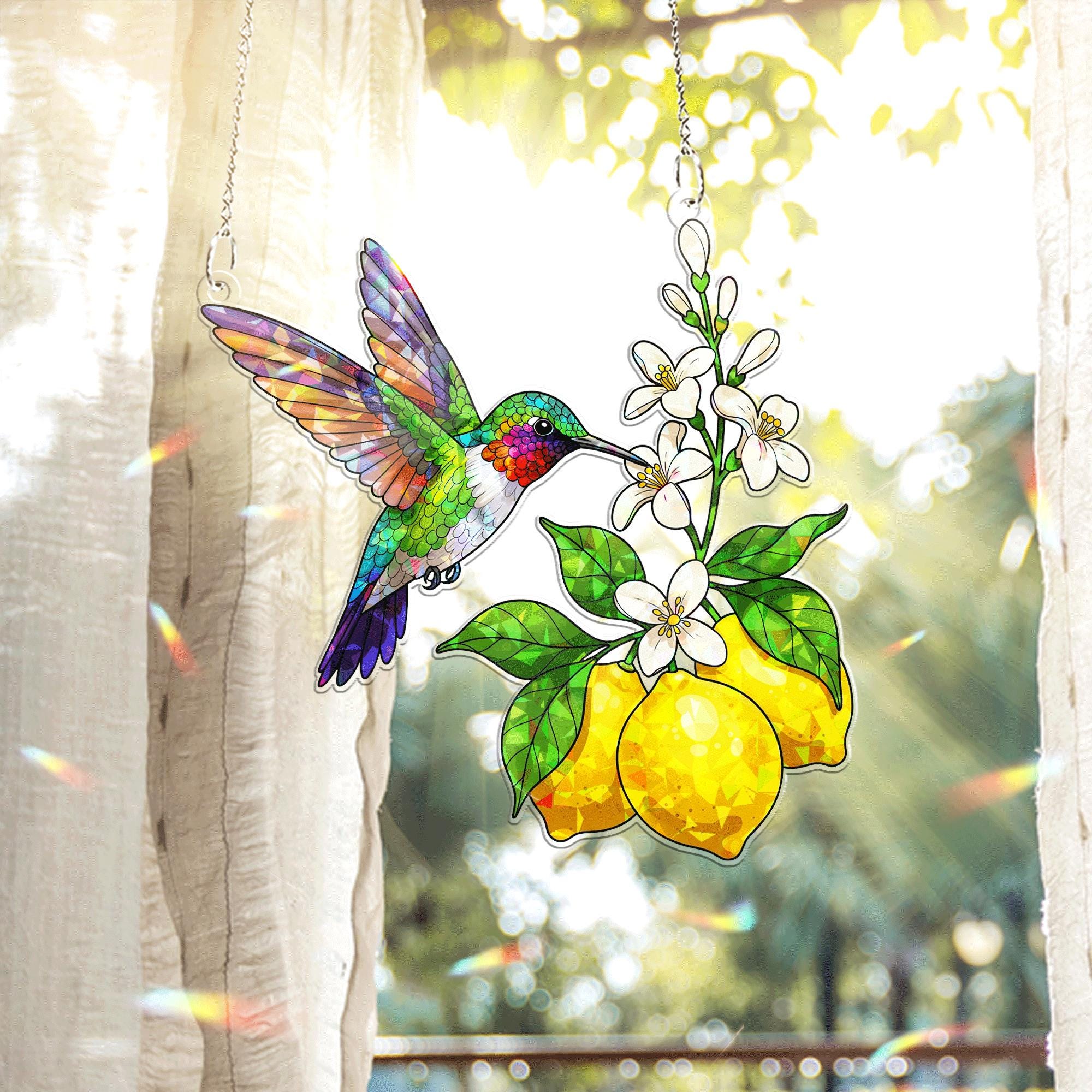 Hummingbird and Lemon Acrylic Window Hanging – Vibrant Summer Suncatcher, Stained Glass Style Garden Decor, Nature Lover Gift
