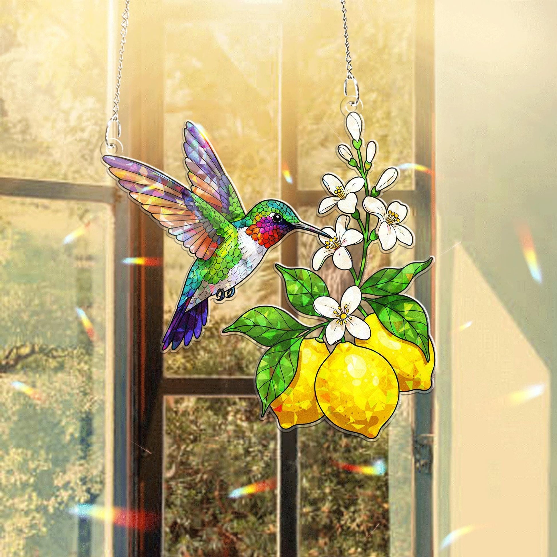 Hummingbird and Lemon Acrylic Window Hanging – Vibrant Summer Suncatcher, Stained Glass Style Garden Decor, Nature Lover Gift