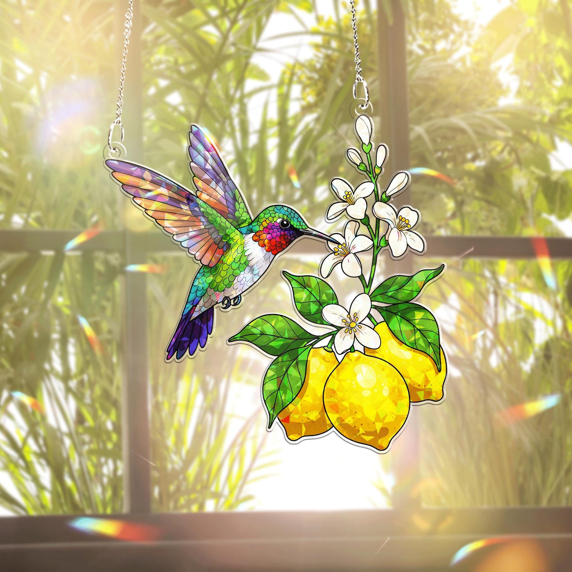 Hummingbird and Lemon Acrylic Window Hanging – Vibrant Summer Suncatcher, Stained Glass Style Garden Decor, Nature Lover Gift