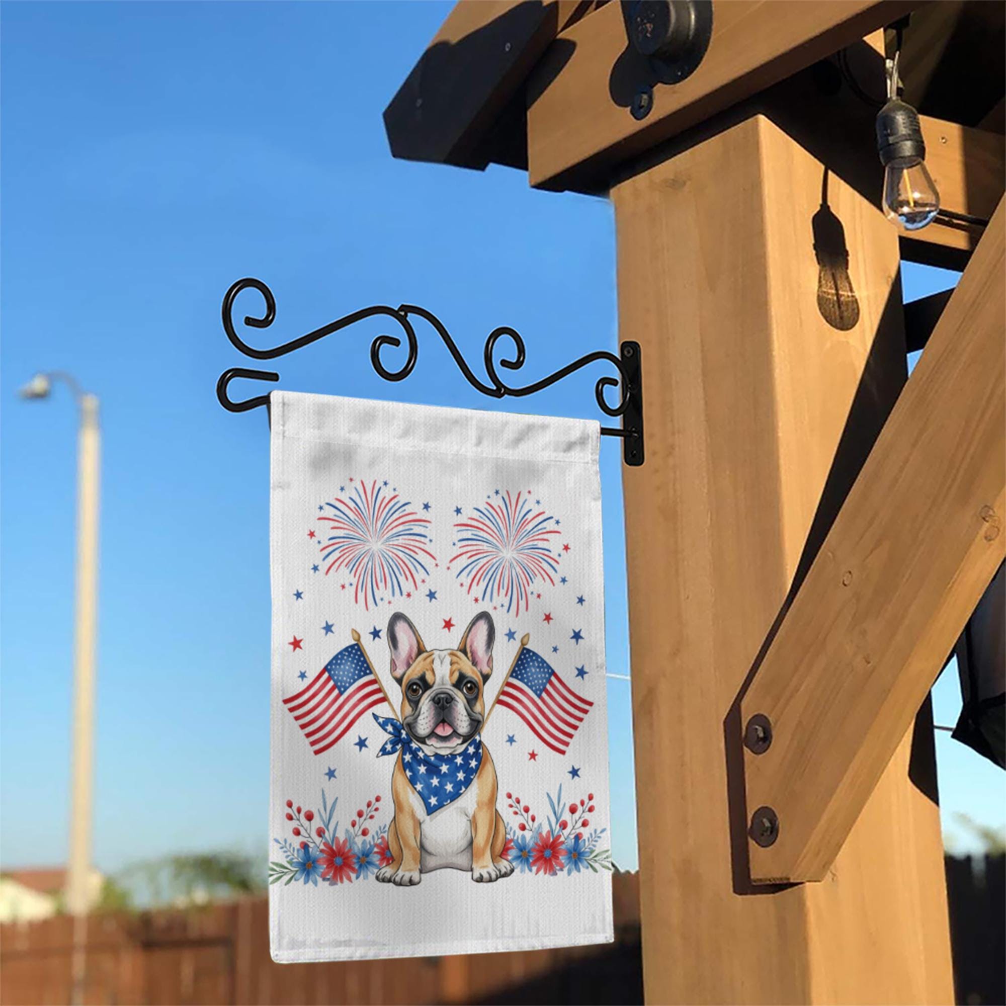 4th of July Garden Flag with French Bulldog – Patriotic Dog Decor, Outdoor Yard Flag with American Flags & Fireworks for Independence Day