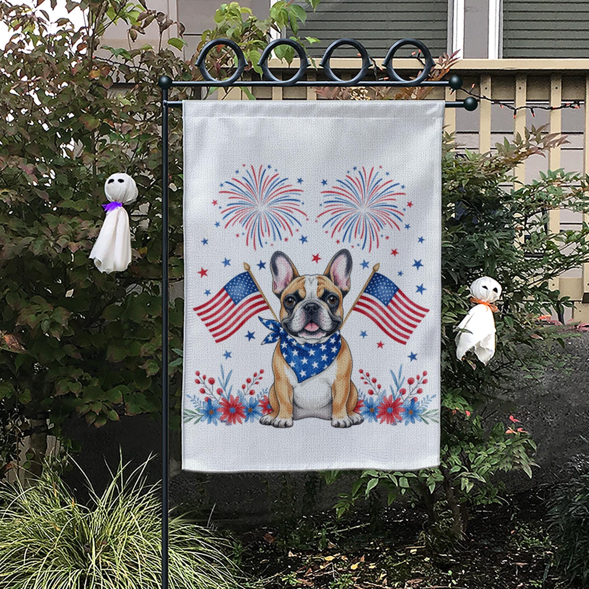 4th of July Garden Flag with French Bulldog – Patriotic Dog Decor, Outdoor Yard Flag with American Flags & Fireworks for Independence Day
