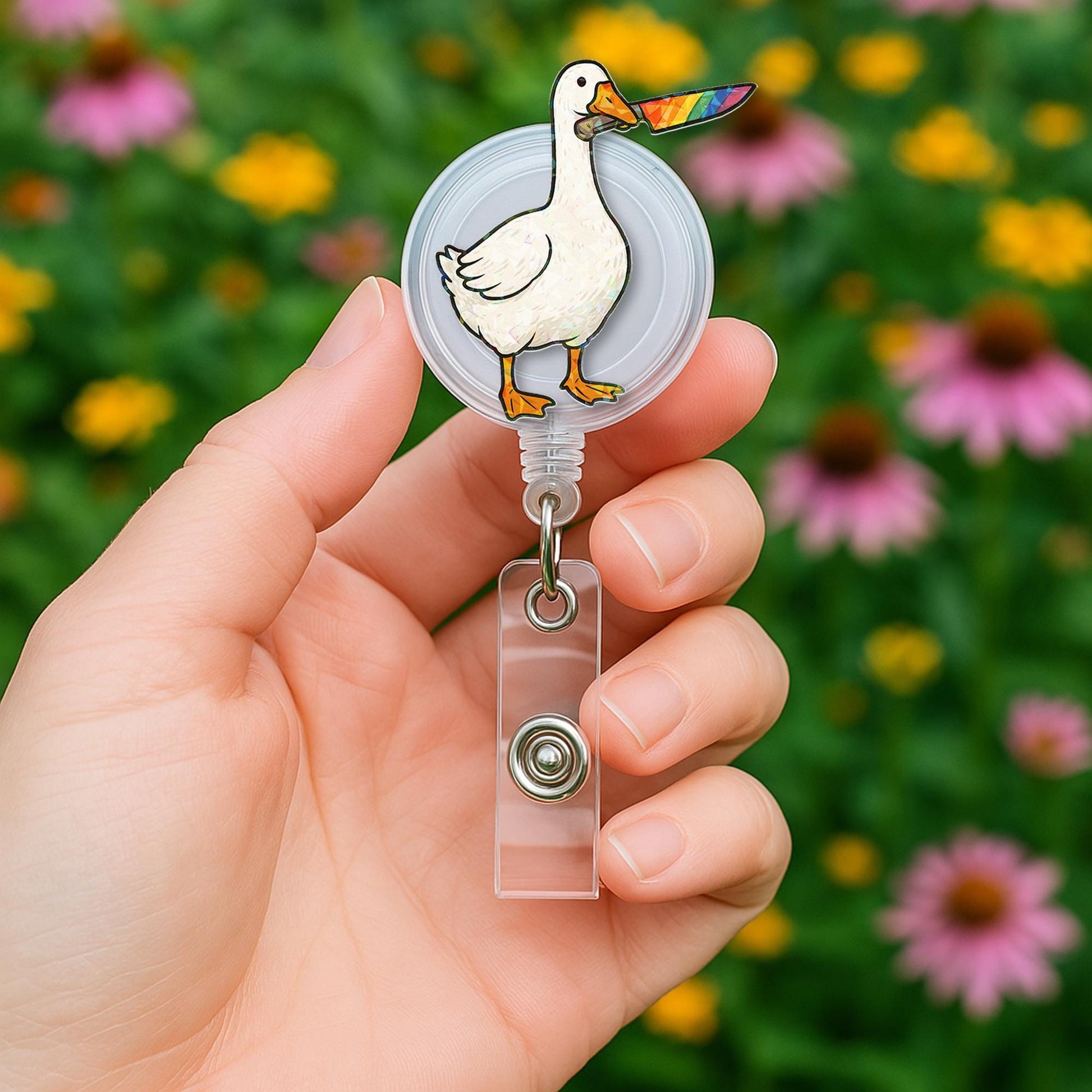 LGBTQ+ Silly Goose Badge Reel | Funny Pride ID Holder | Rainbow Knife Goose Clip | Nurse Gift Badge | Queer Office Accessory