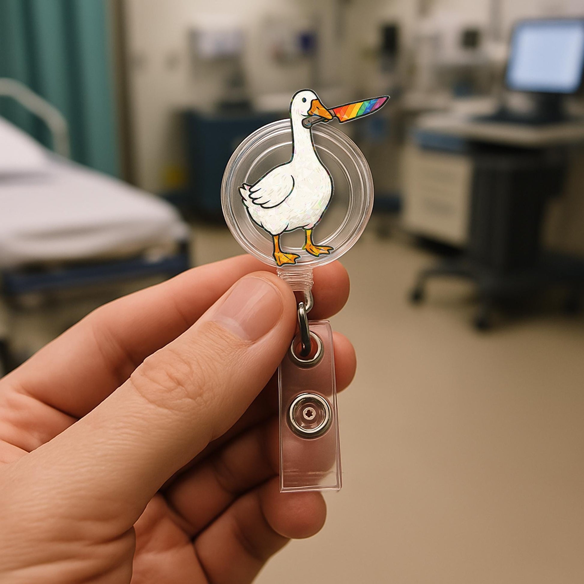 LGBTQ+ Silly Goose Badge Reel | Funny Pride ID Holder | Rainbow Knife Goose Clip | Nurse Gift Badge | Queer Office Accessory