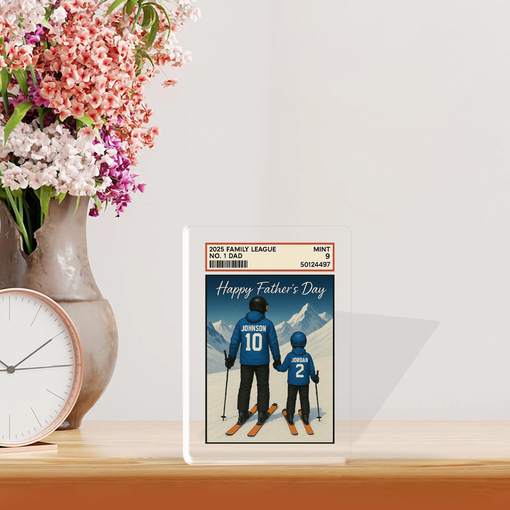 Custom Skiing Dad Acrylic Block | Personalized Father’s Day Gift from Kids | Winter Sports Family Keepsake | Snowy Mountain Plaque