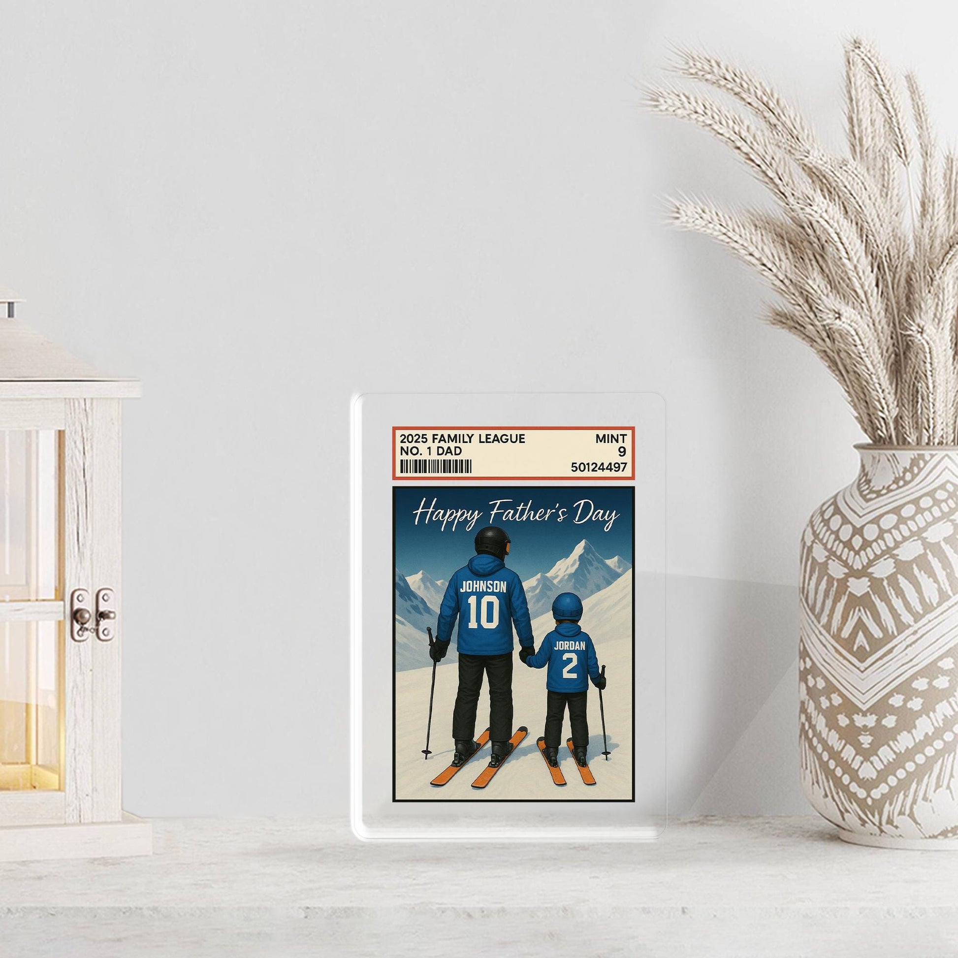 Custom Skiing Dad Acrylic Block | Personalized Father’s Day Gift from Kids | Winter Sports Family Keepsake | Snowy Mountain Plaque