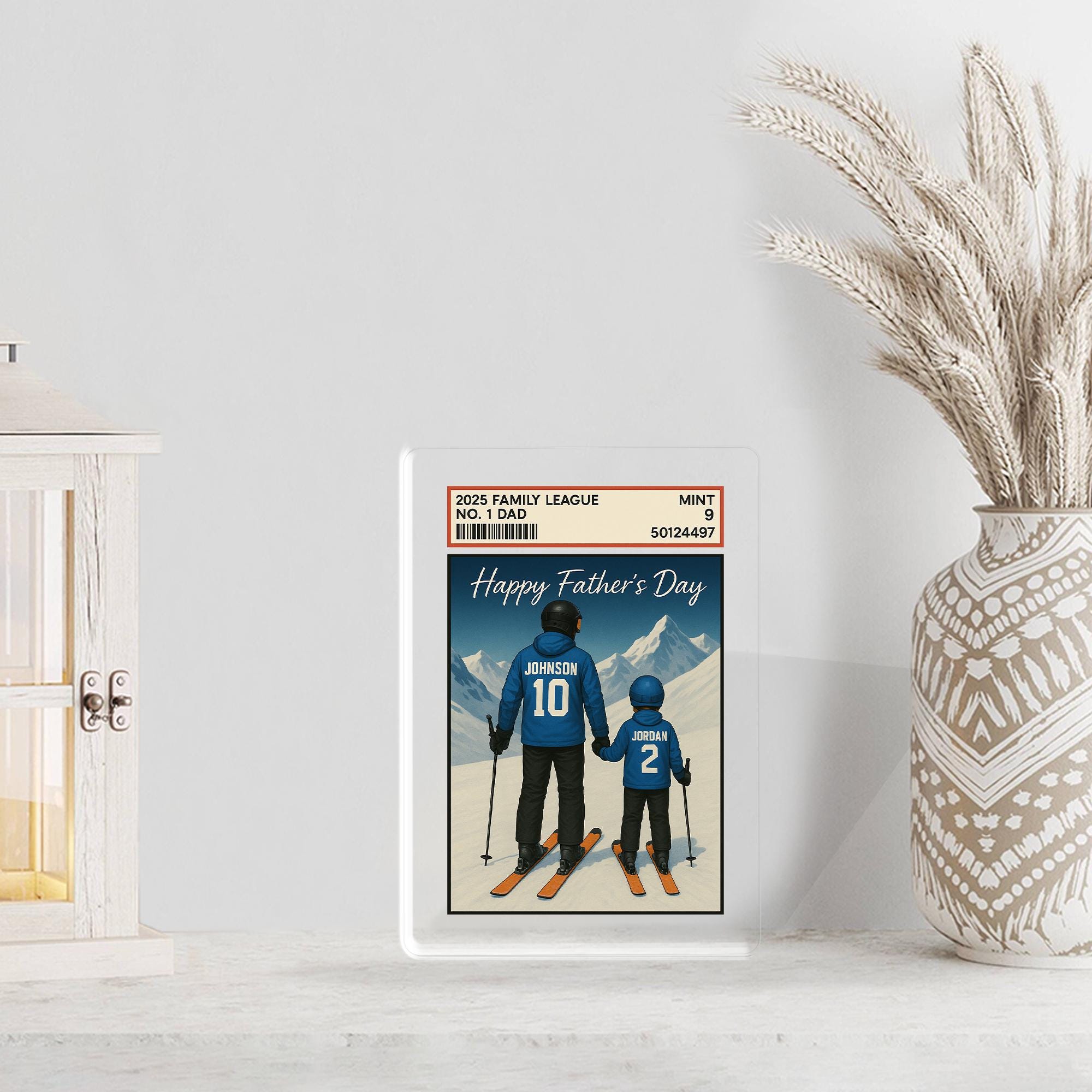 Custom Skiing Dad Acrylic Block | Personalized Father’s Day Gift from Kids | Winter Sports Family Keepsake | Snowy Mountain Plaque
