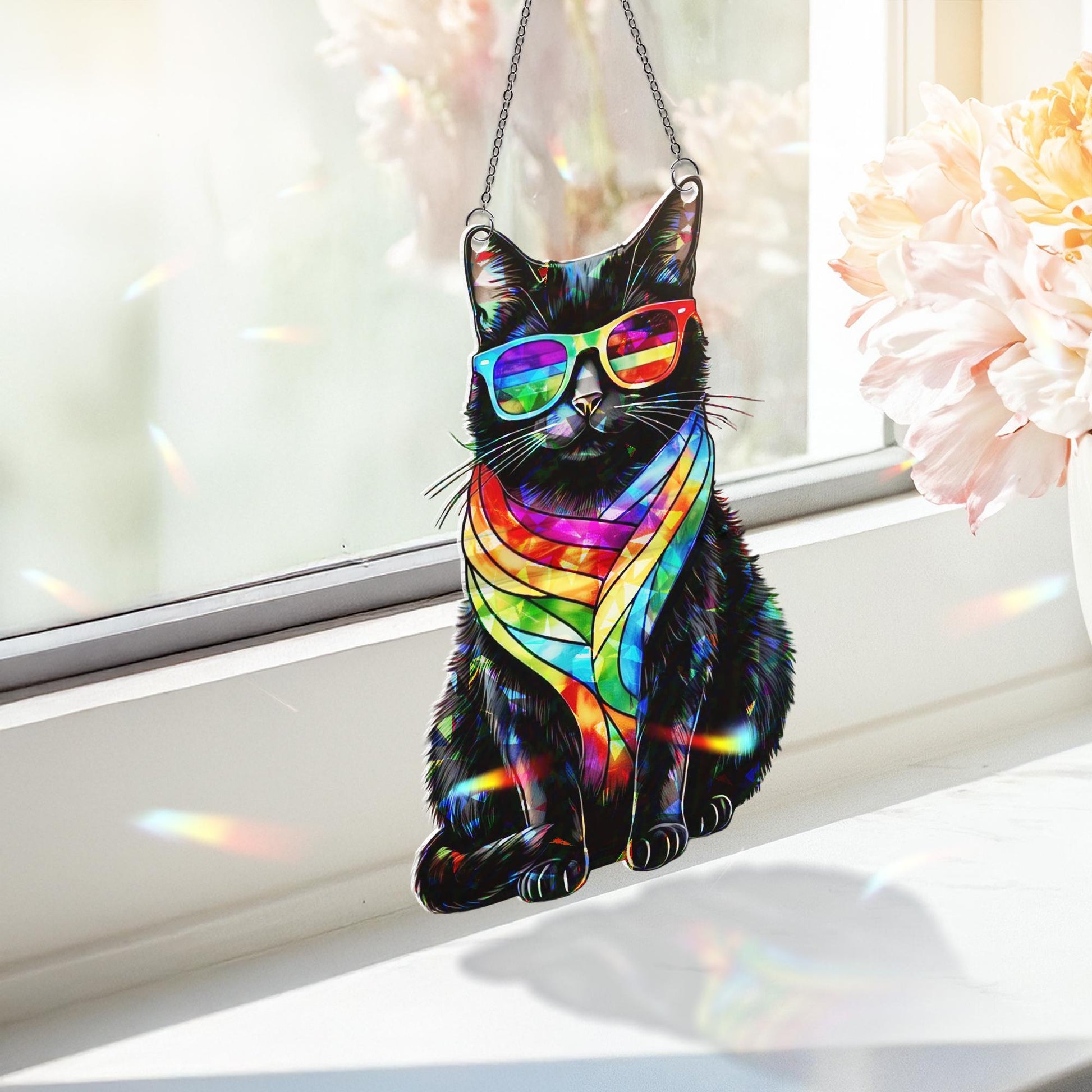 Ally Cat Rainbow Suncatcher | Holographic Acrylic Pride Cat Window Decor | LGBTQ+ Cute Kitty Gift | Queer Cat Lover Room Art