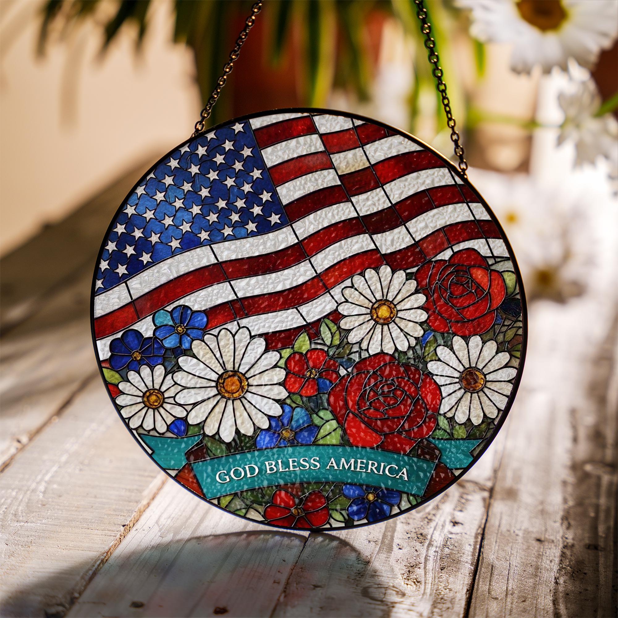 God Bless America Glass Suncatcher | Patriotic Window Hanging | Fourth of July Sun Catcher | Red White Blue Home Decor | USA Flag Gift