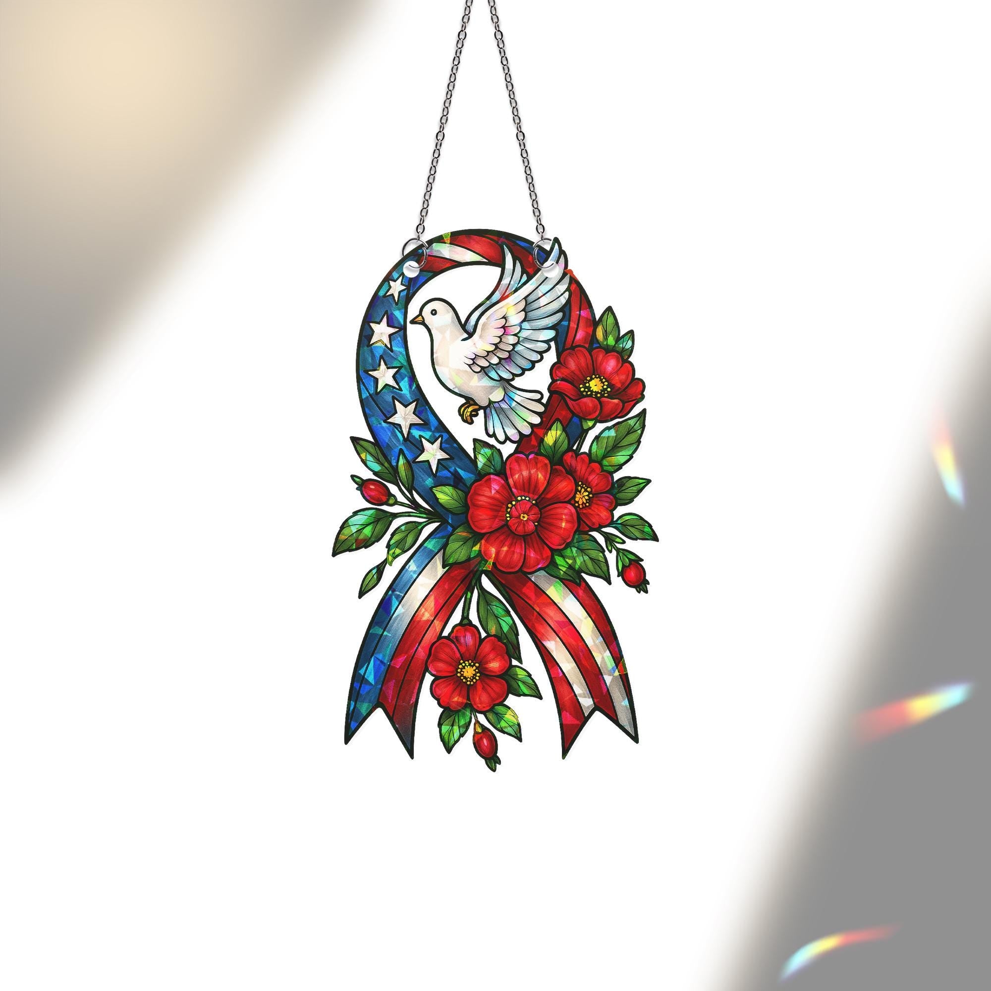 Patriotic Ribbon Dove Hologram Acrylic Window Hanging | Memorial Day Decor | USA Flag Holographic Sun Catcher | 4th of July Gift