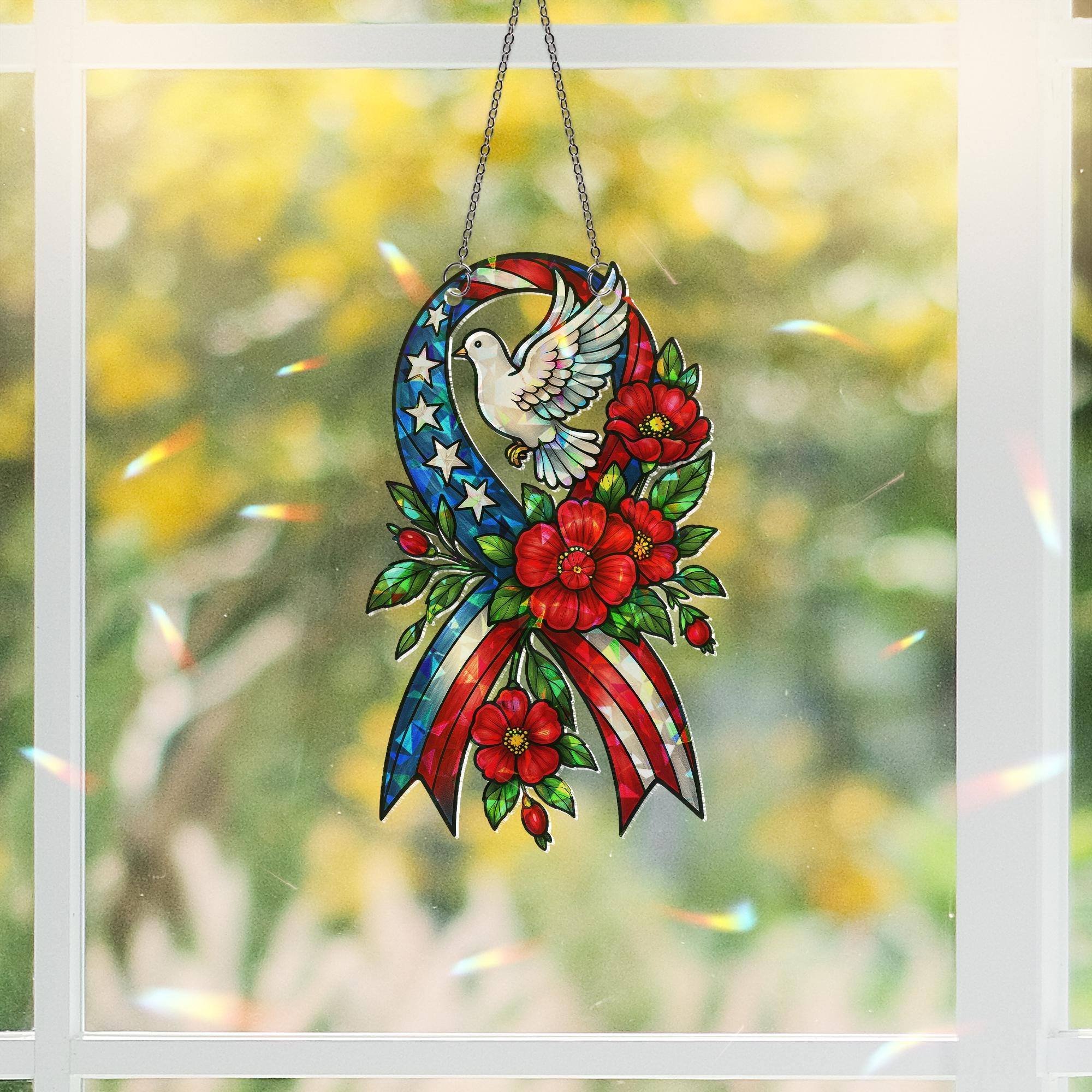 Patriotic Ribbon Dove Hologram Acrylic Window Hanging | Memorial Day Decor | USA Flag Holographic Sun Catcher | 4th of July Gift