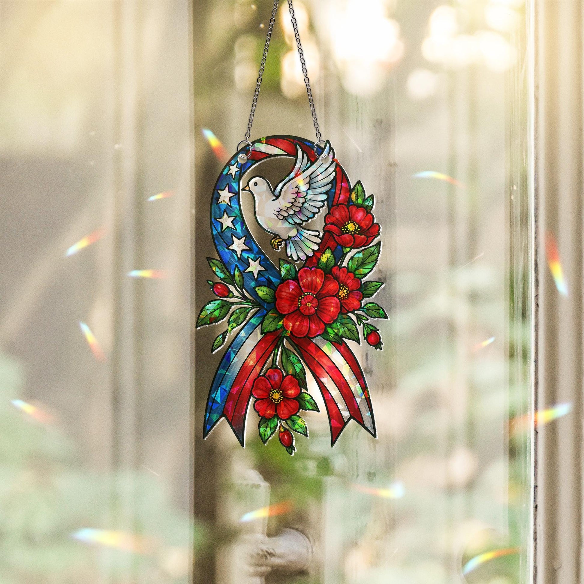 Patriotic Ribbon Dove Hologram Acrylic Window Hanging | Memorial Day Decor | USA Flag Holographic Sun Catcher | 4th of July Gift