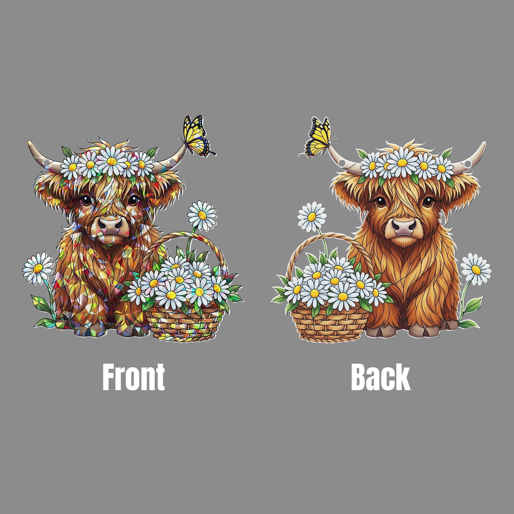 Highland Cow Daisy Hologram Acrylic Window Hanging | Floral Farmhouse Cow Suncatcher | Cute Spring Window Decor Gift