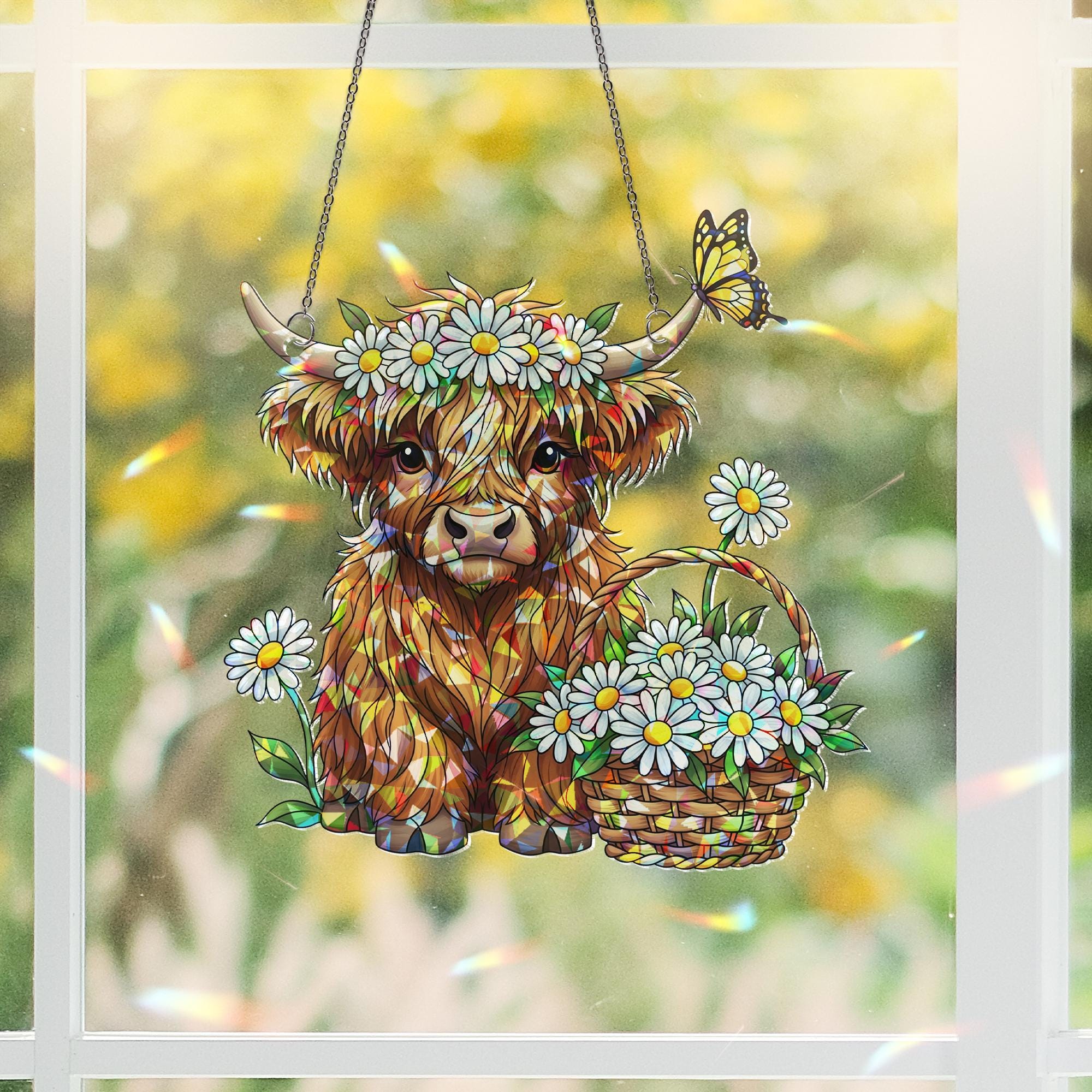 Highland Cow Daisy Hologram Acrylic Window Hanging | Floral Farmhouse Cow Suncatcher | Cute Spring Window Decor Gift