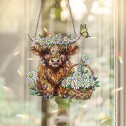 Highland Cow Daisy Hologram Acrylic Window Hanging | Floral Farmhouse Cow Suncatcher | Cute Spring Window Decor Gift