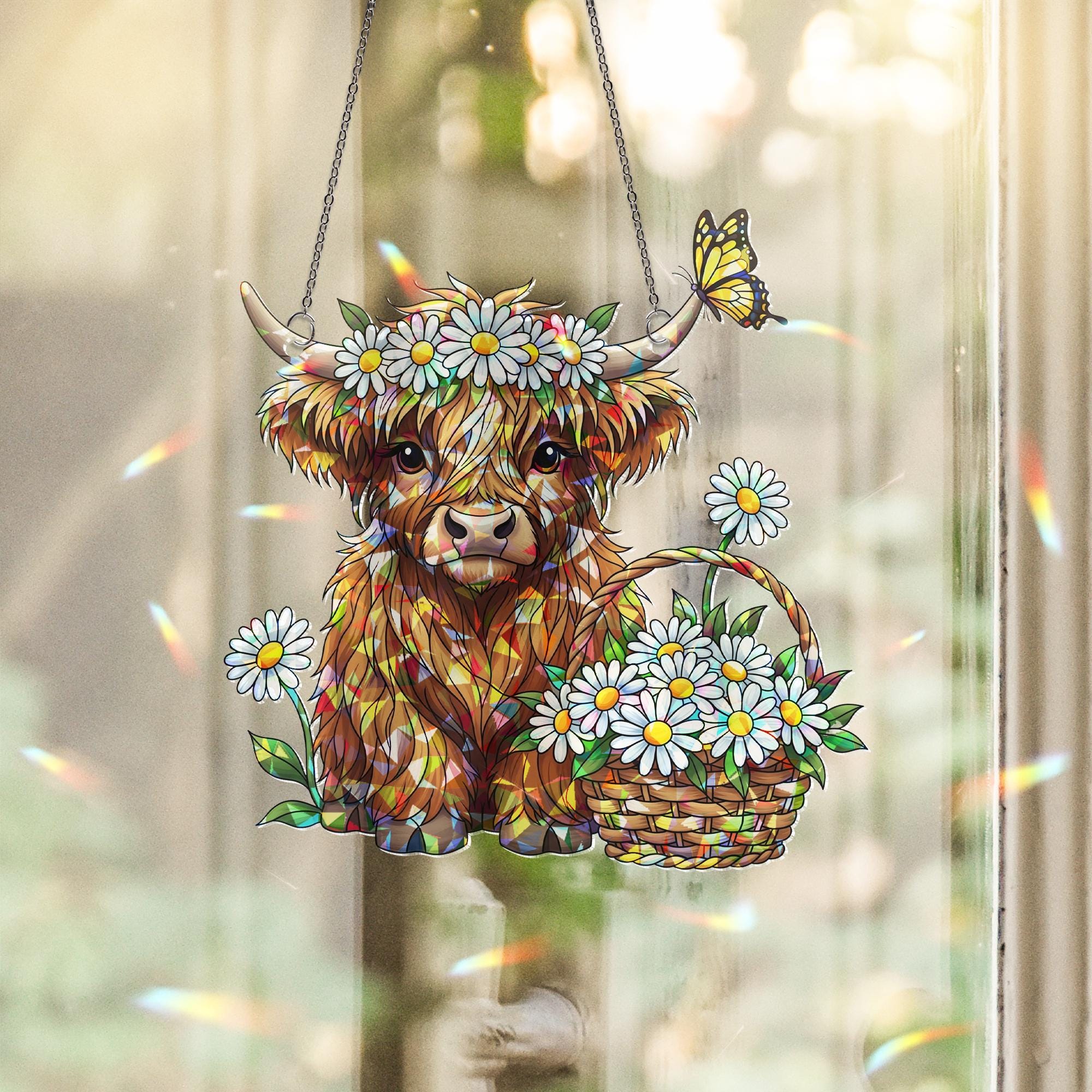 Highland Cow Daisy Hologram Acrylic Window Hanging | Floral Farmhouse Cow Suncatcher | Cute Spring Window Decor Gift
