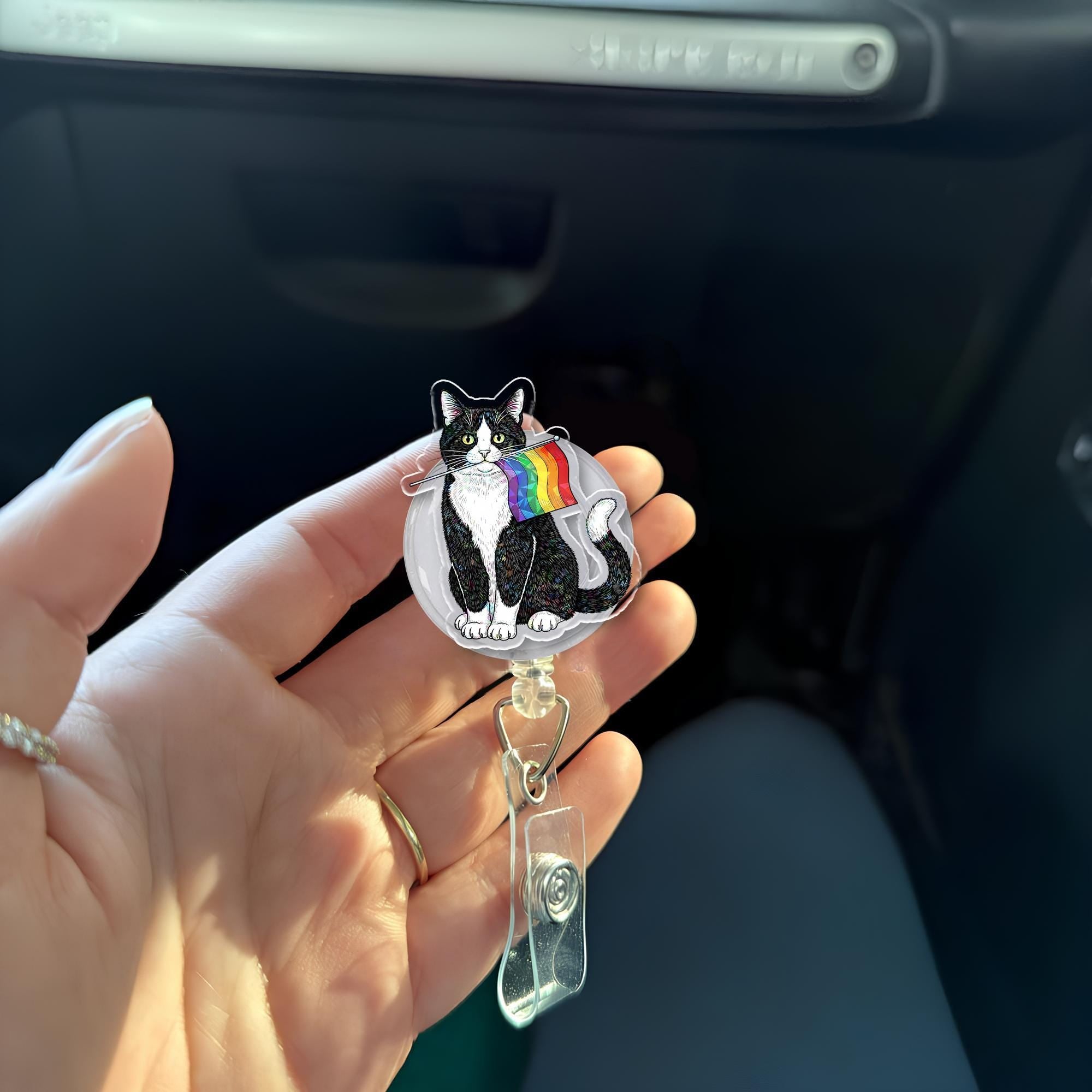 Pride Cat Badge Reel | LGBTQ+ Tuxedo Cat ID Holder with Rainbow Flag | Cute Nurse Badge Clip | Queer Vet Tech Accessory