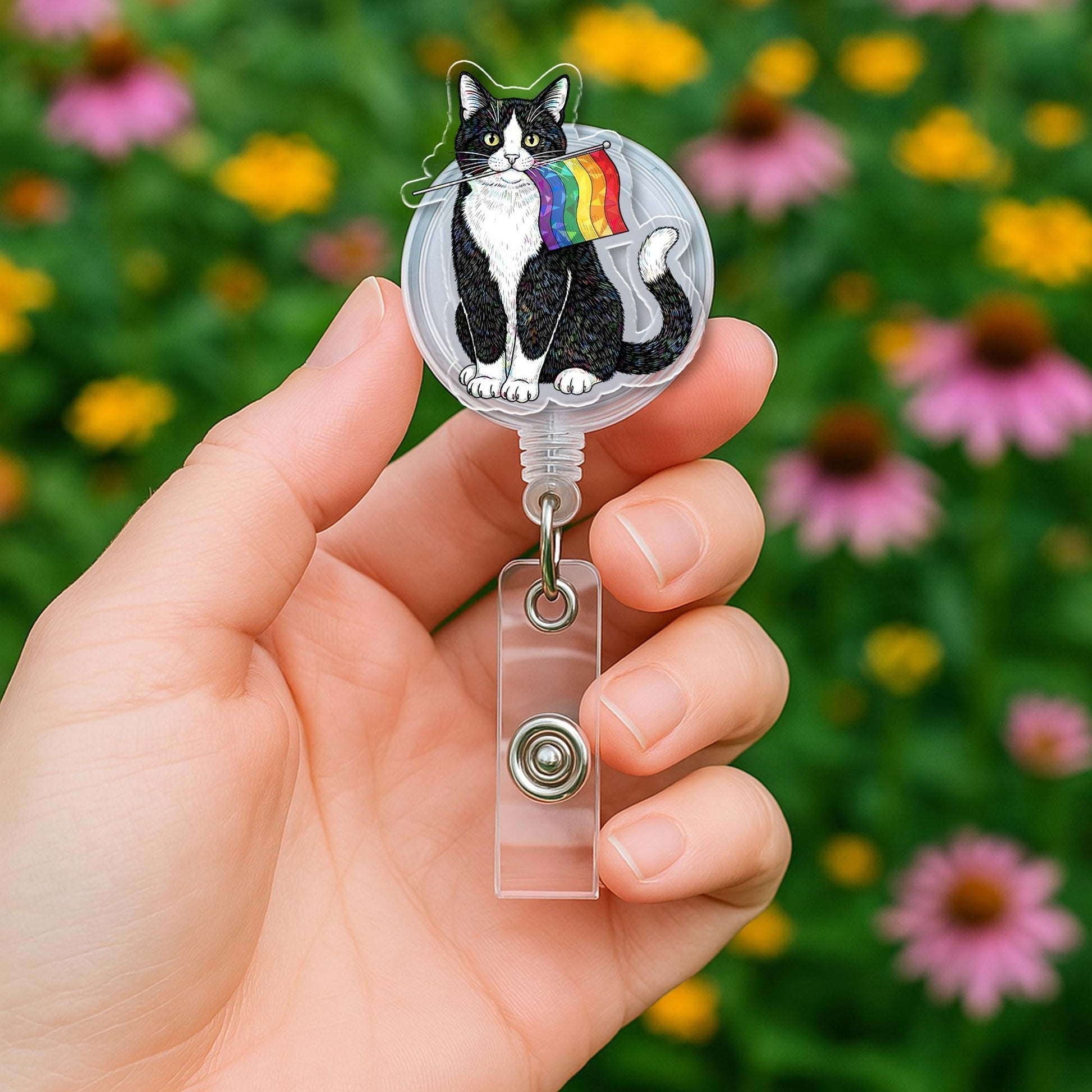 Pride Cat Badge Reel | LGBTQ+ Tuxedo Cat ID Holder with Rainbow Flag | Cute Nurse Badge Clip | Queer Vet Tech Accessory